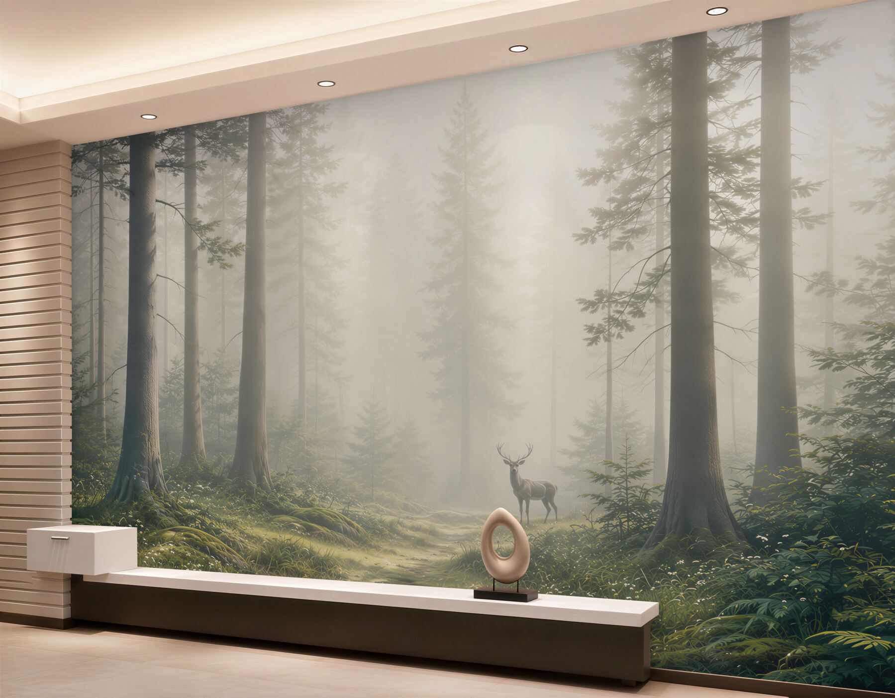 Fototapeta jeleń w mglistym lesie z promieniami słońca spokojna natura?v23