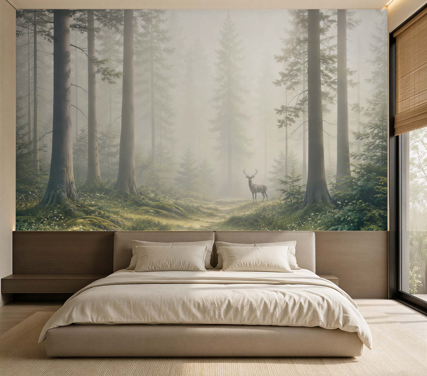 Fototapeta jeleń w mglistym lesie z promieniami słońca spokojna natura?v23