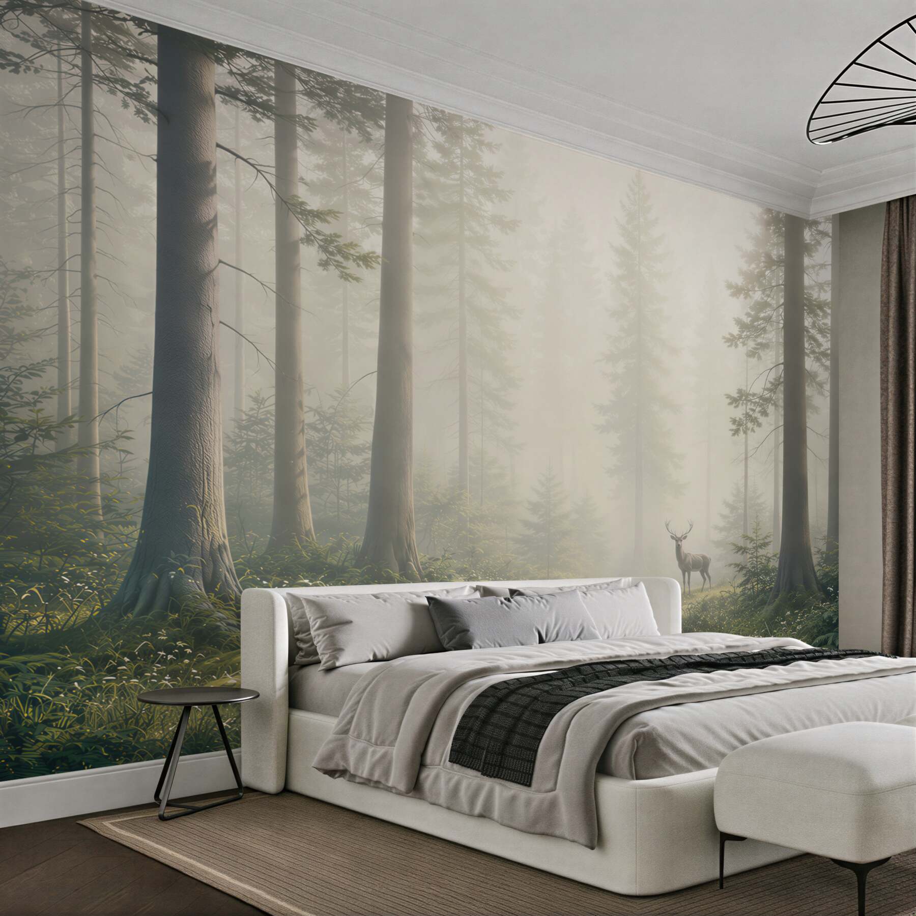Fototapeta jeleń w mglistym lesie z promieniami słońca spokojna natura?v23