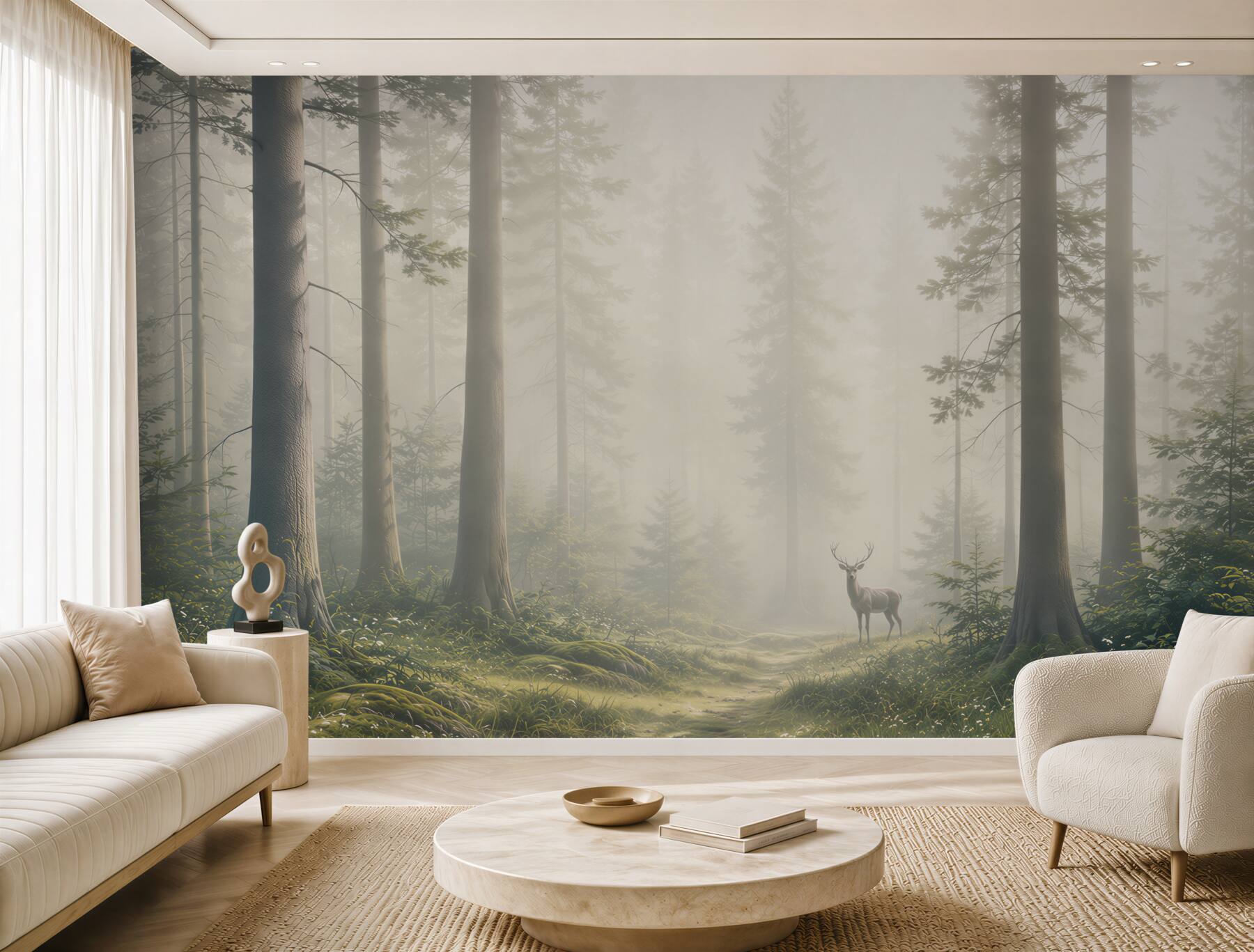 Fototapeta jeleń w mglistym lesie z promieniami słońca spokojna natura?v23