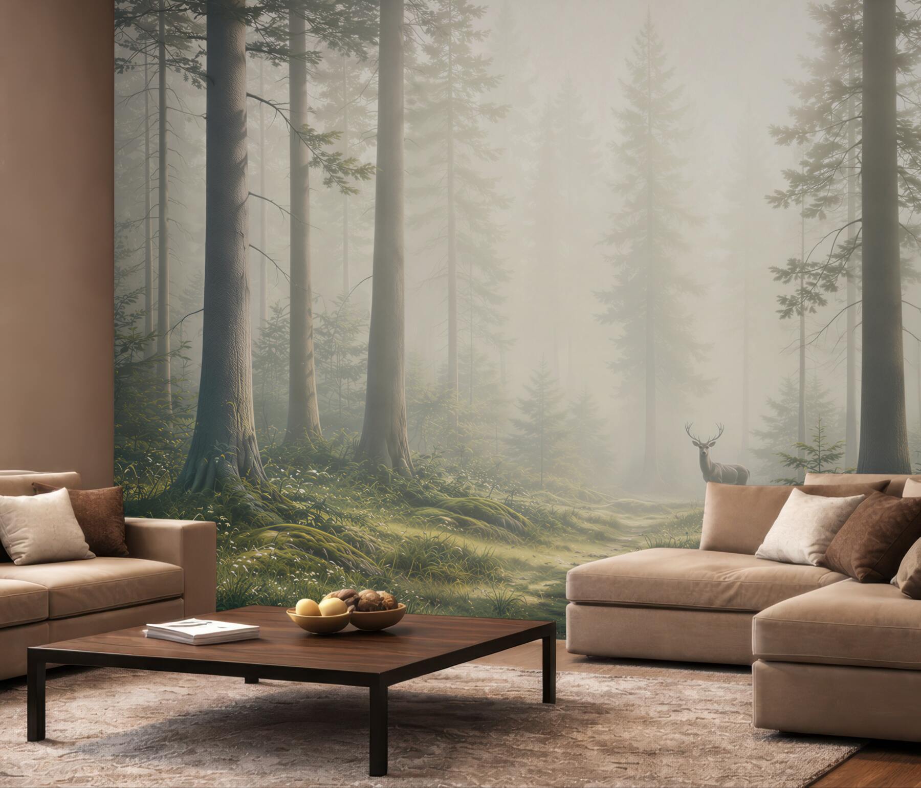 Fototapeta jeleń w mglistym lesie z promieniami słońca spokojna natura?v23