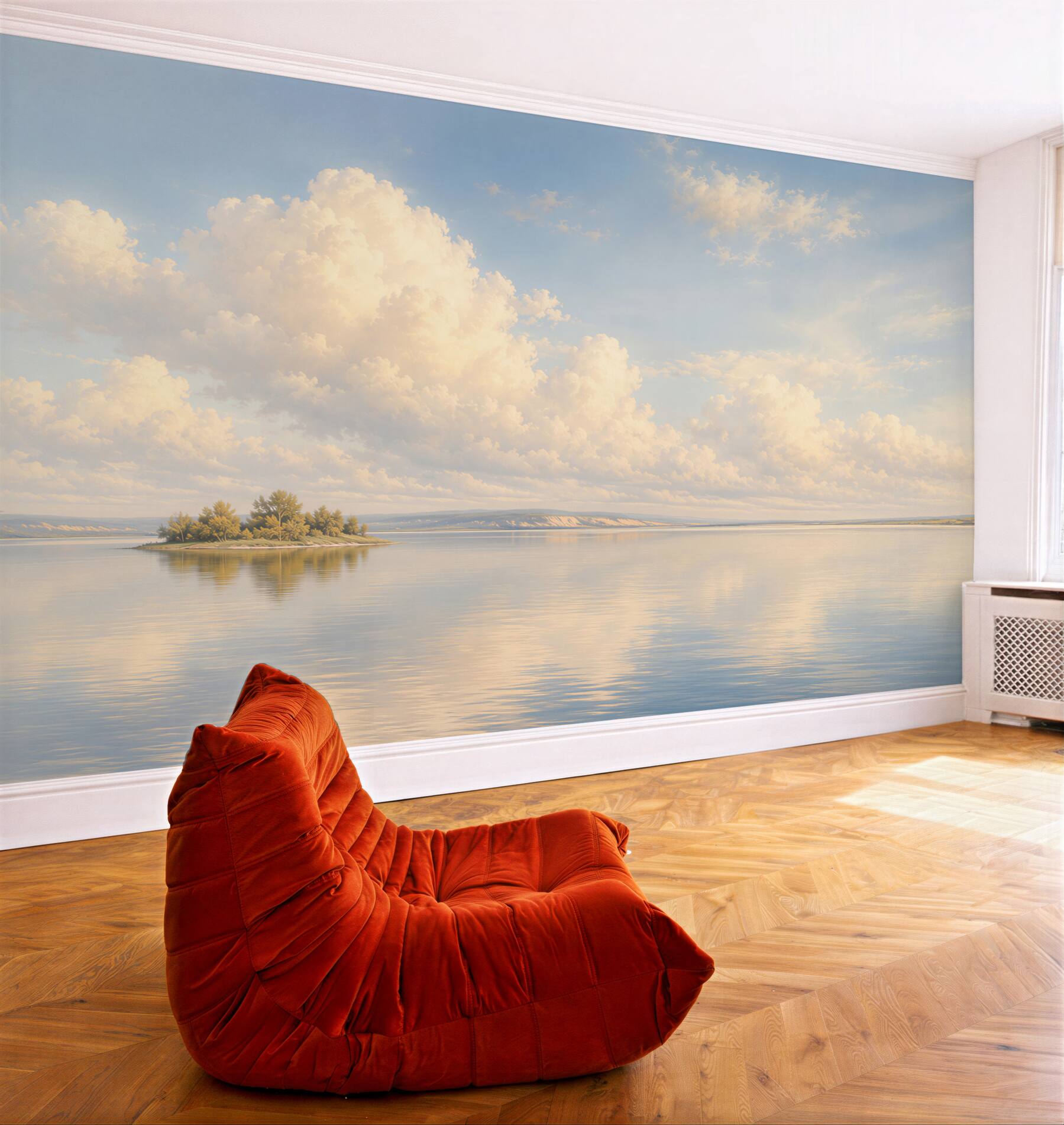 Fototapeta spokojne jezioro z wyspą i chmurami w pastelowych barwach?v23