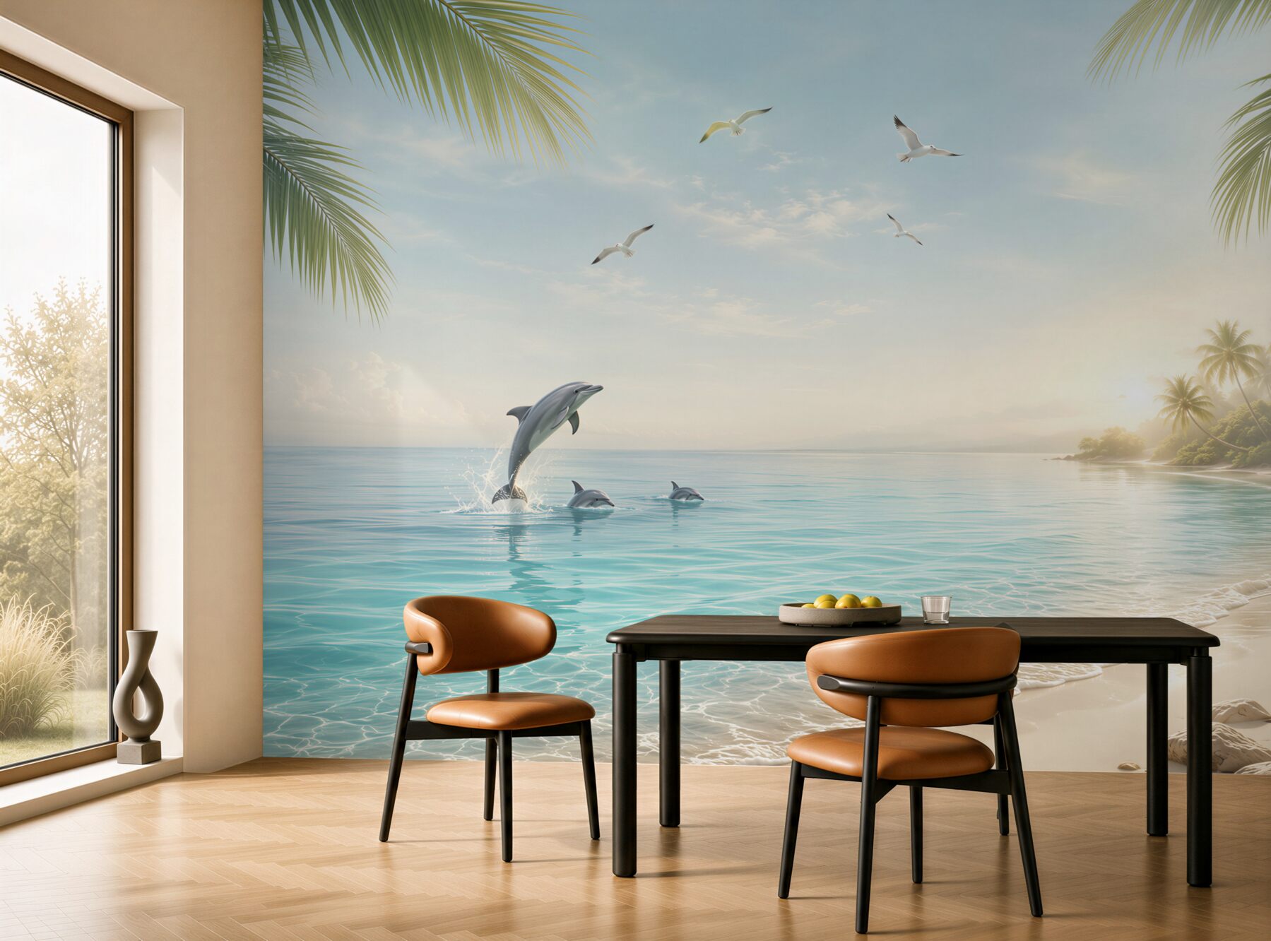 Fototapeta delfiny na tropikalnej plaży o wschodzie słońca?v23