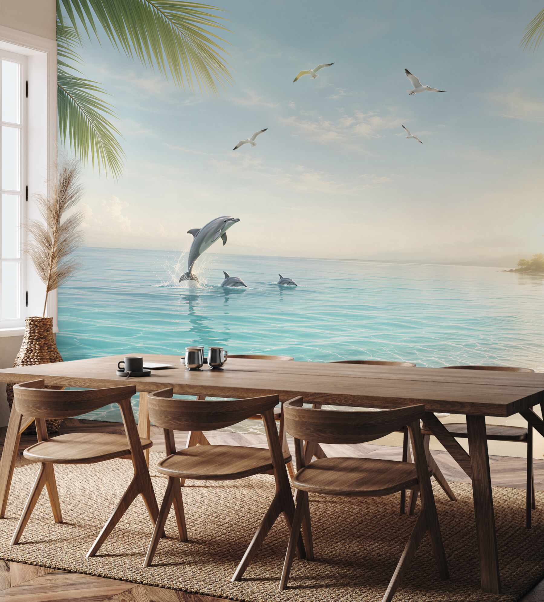 Fototapeta delfiny na tropikalnej plaży o wschodzie słońca?v23