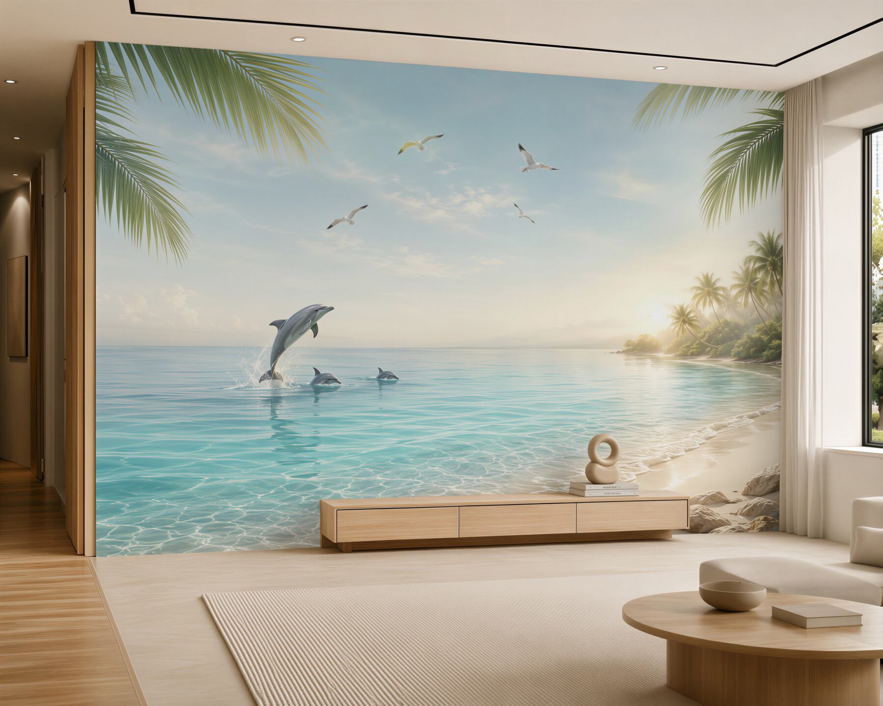 Fototapeta delfiny na tropikalnej plaży o wschodzie słońca