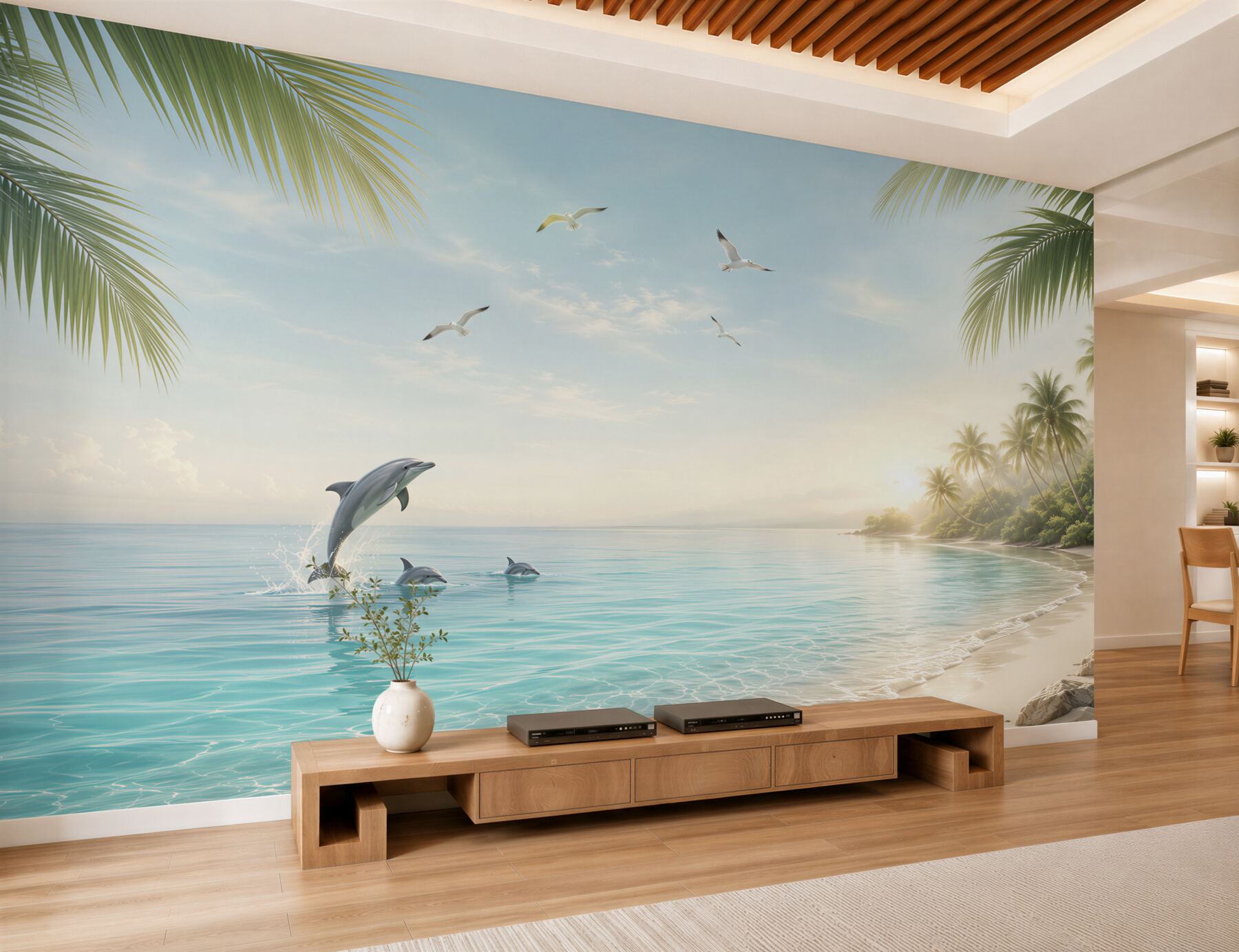 Fototapeta delfiny na tropikalnej plaży o wschodzie słońca?v23