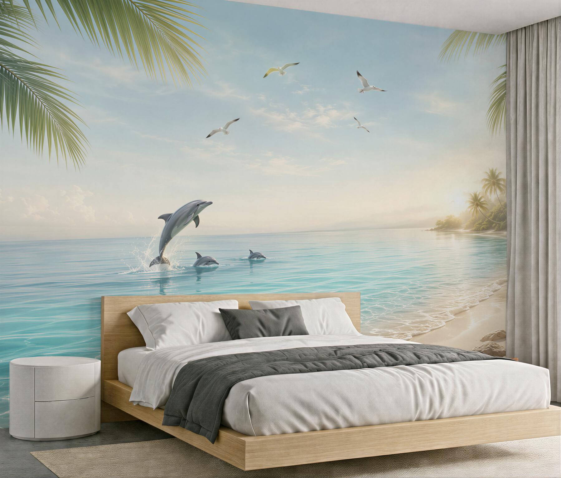 Fototapeta delfiny na tropikalnej plaży o wschodzie słońca?v23