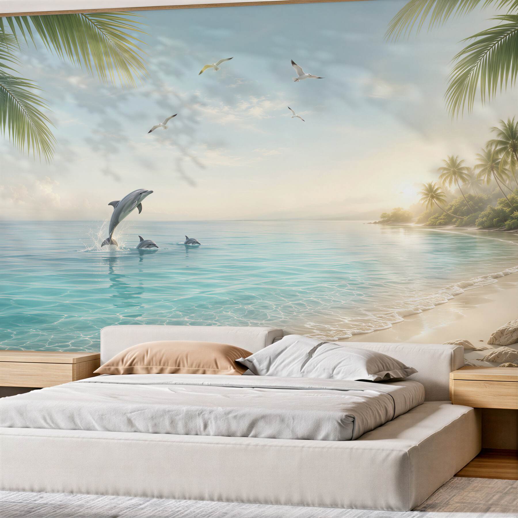 Fototapeta delfiny na tropikalnej plaży o wschodzie słońca?v23