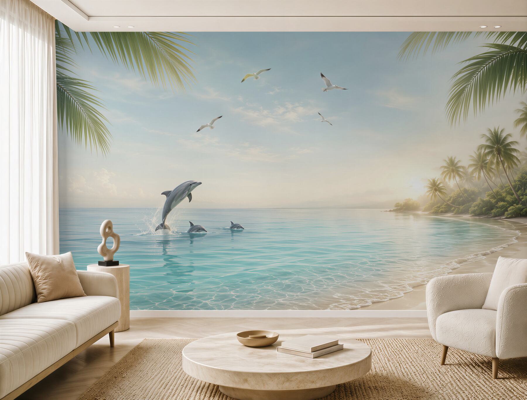 Fototapeta delfiny na tropikalnej plaży o wschodzie słońca?v23