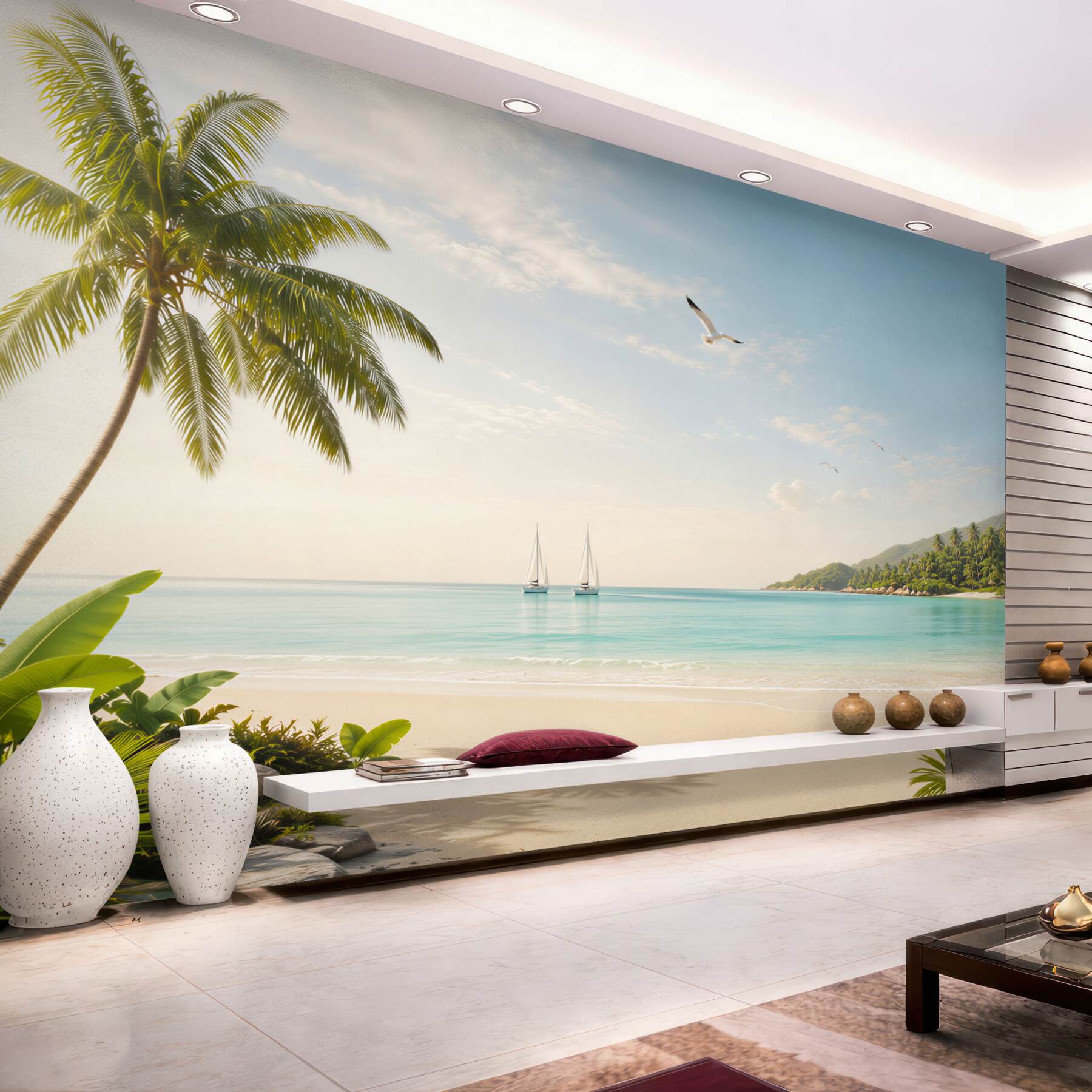 Fototapeta tropikalna plaża z żaglówkami i palmami?v23