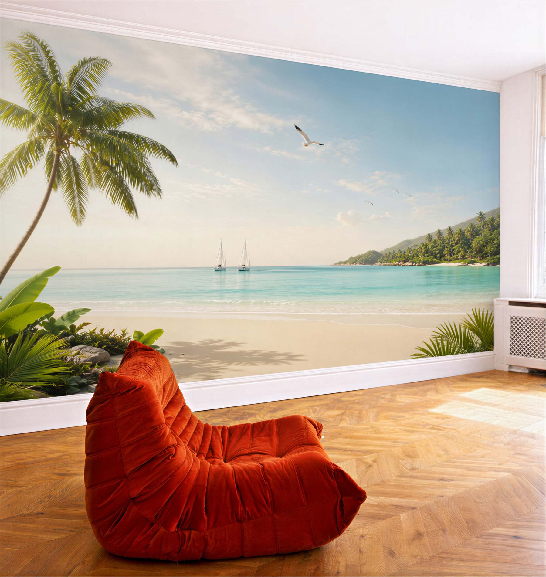 Fototapeta tropikalna plaża z żaglówkami i palmami?v23