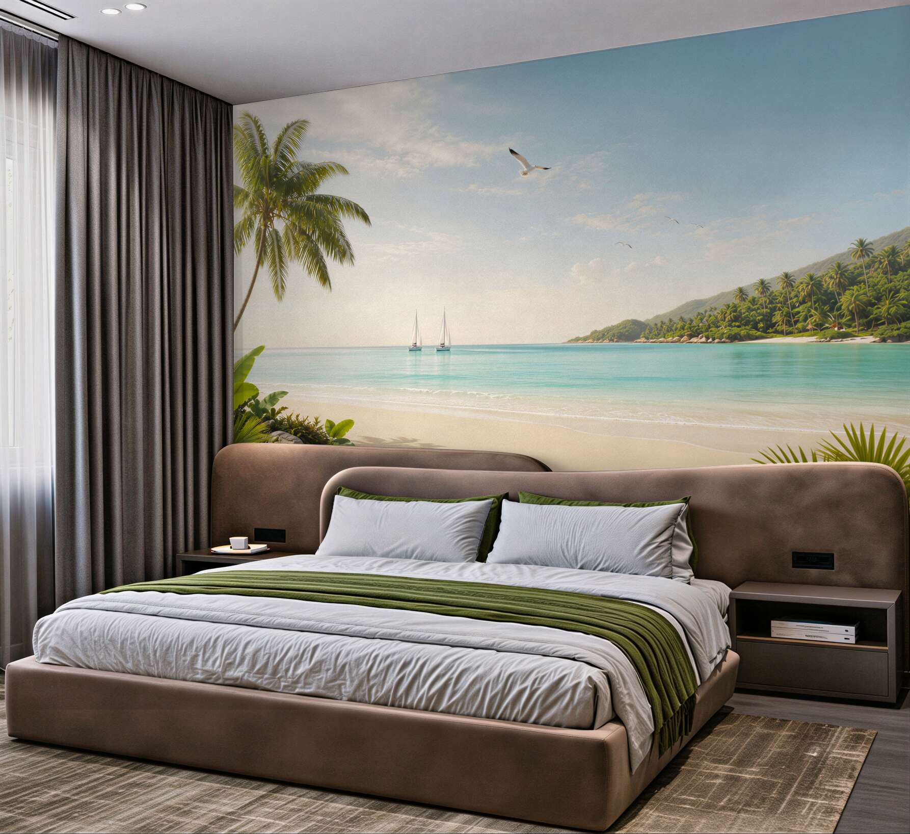 Fototapeta tropikalna plaża z żaglówkami i palmami?v23