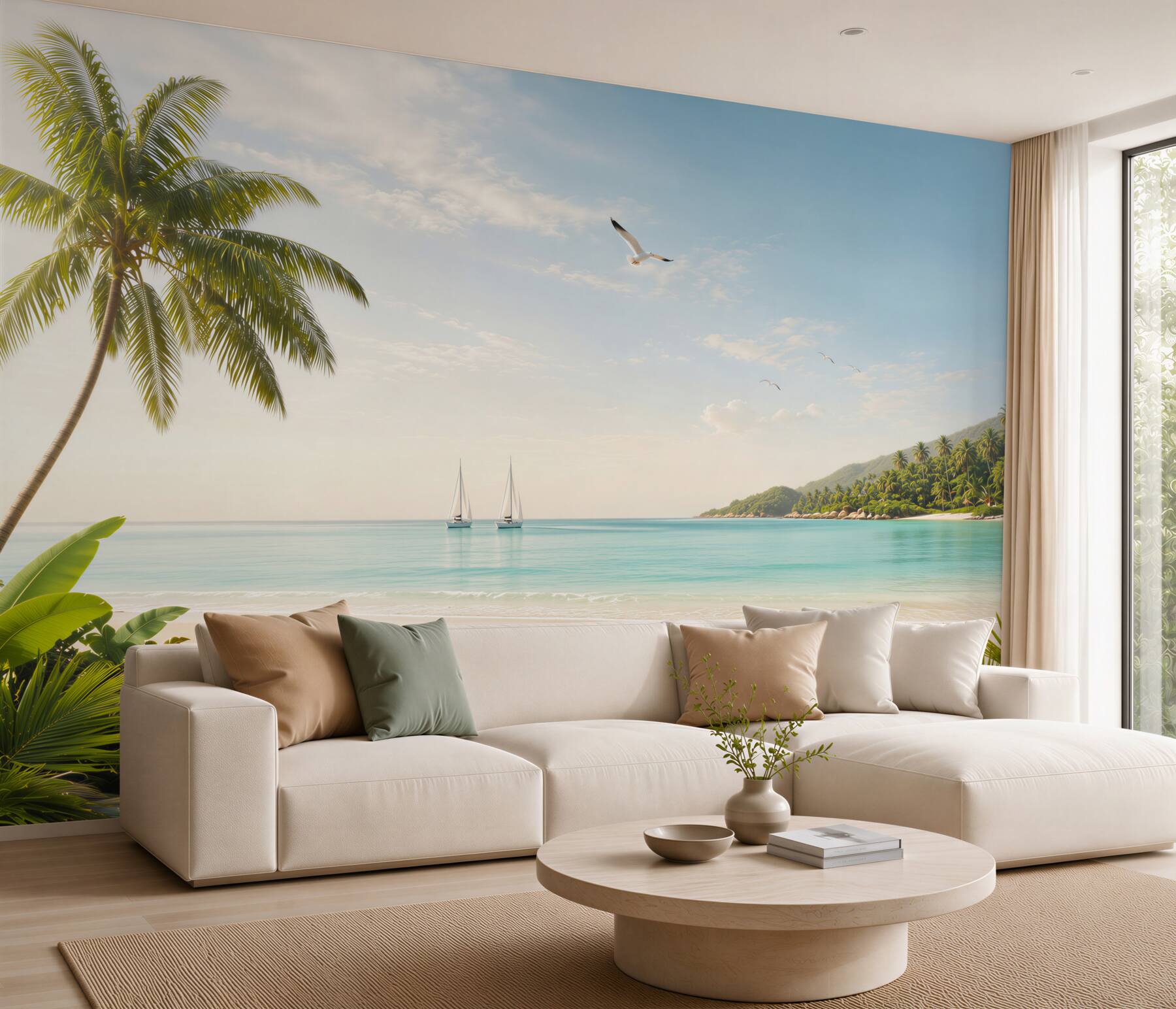 Fototapeta tropikalna plaża z żaglówkami i palmami?v23