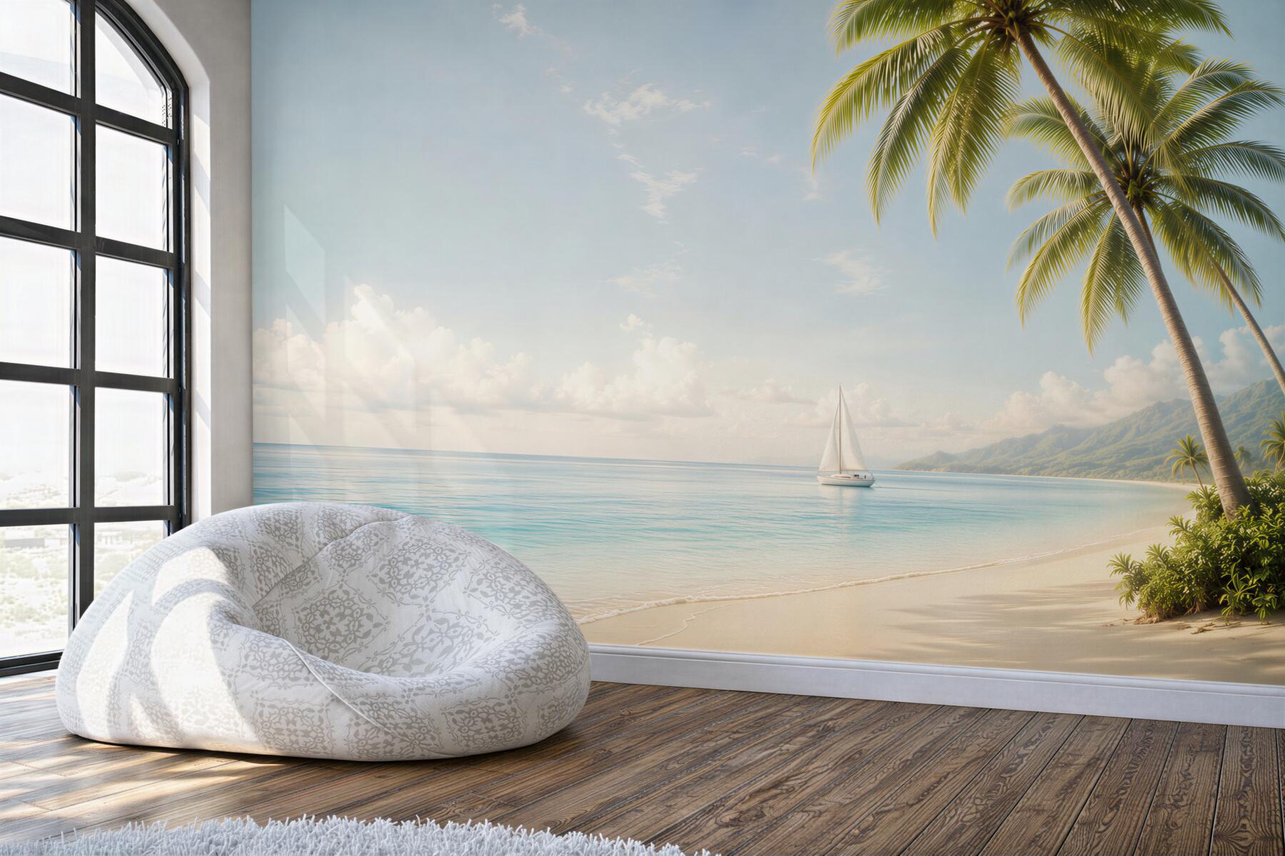 Fototapeta żaglówka na spokojnym morzu przy tropikalnej plaży?v23