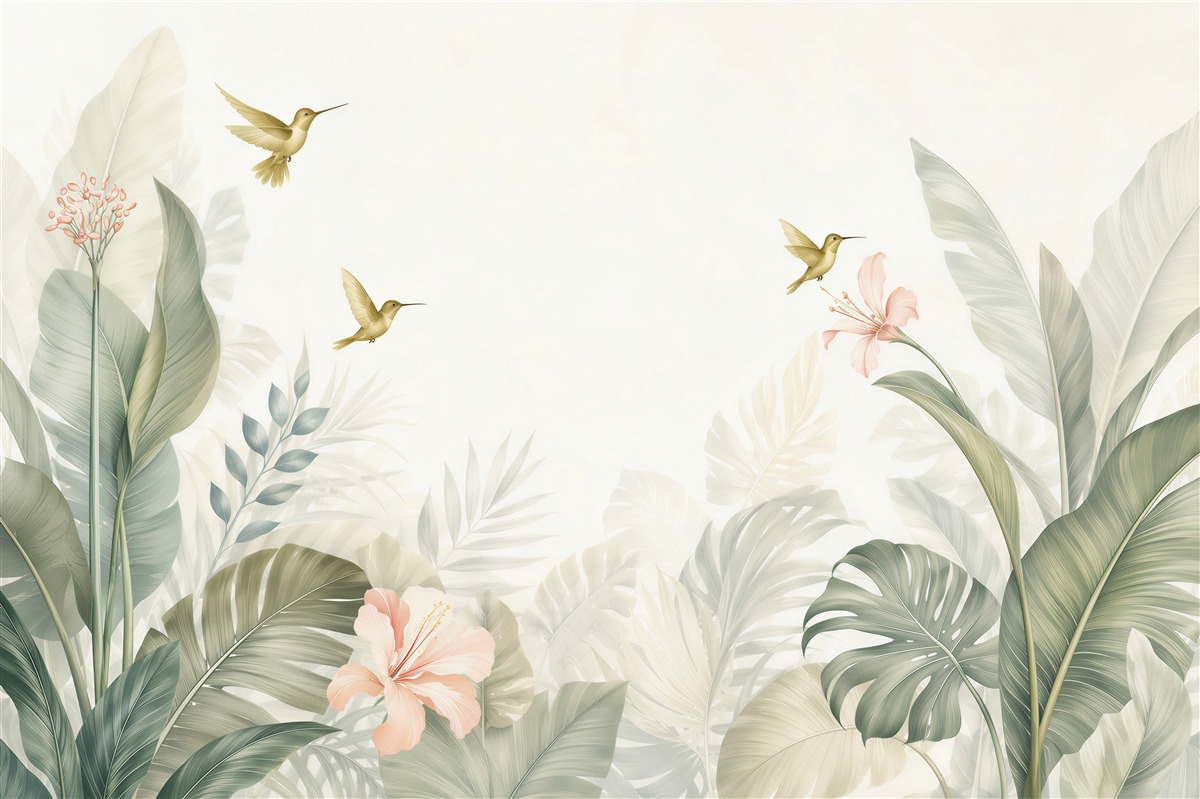 Fototapeta tropikalne liście i kolibry pastelowe z hibiskusami