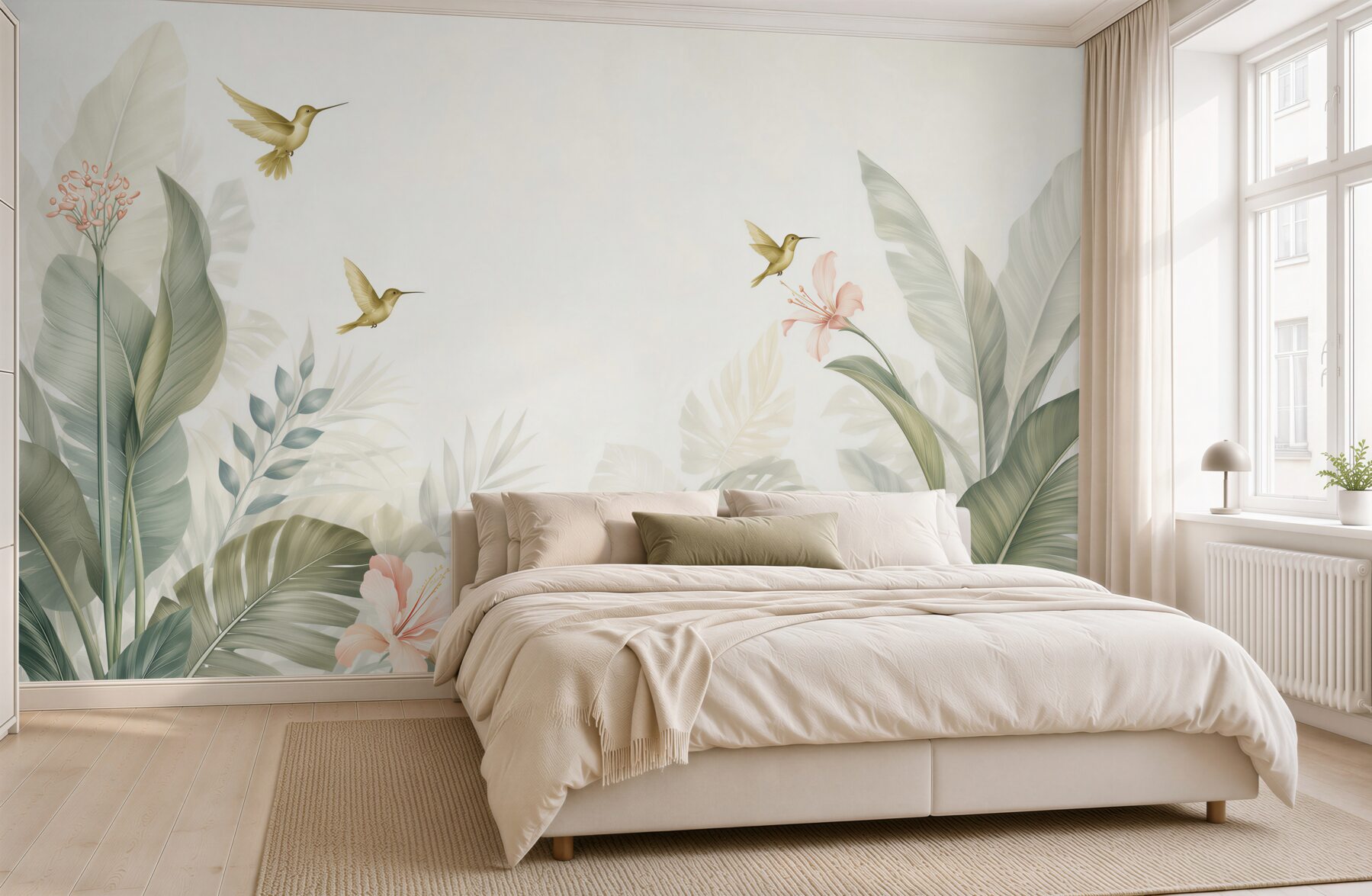 Fototapeta tropikalne liście i kolibry pastelowe z hibiskusami?v23
