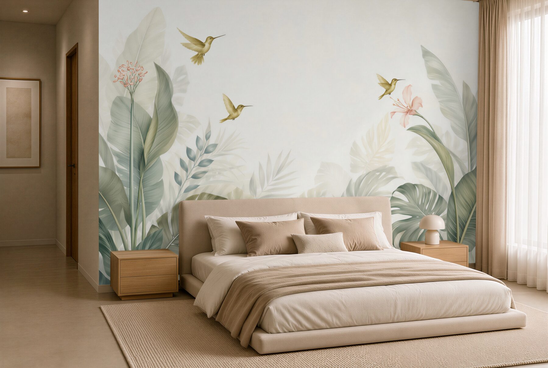 Fototapeta tropikalne liście i kolibry pastelowe z hibiskusami?v23