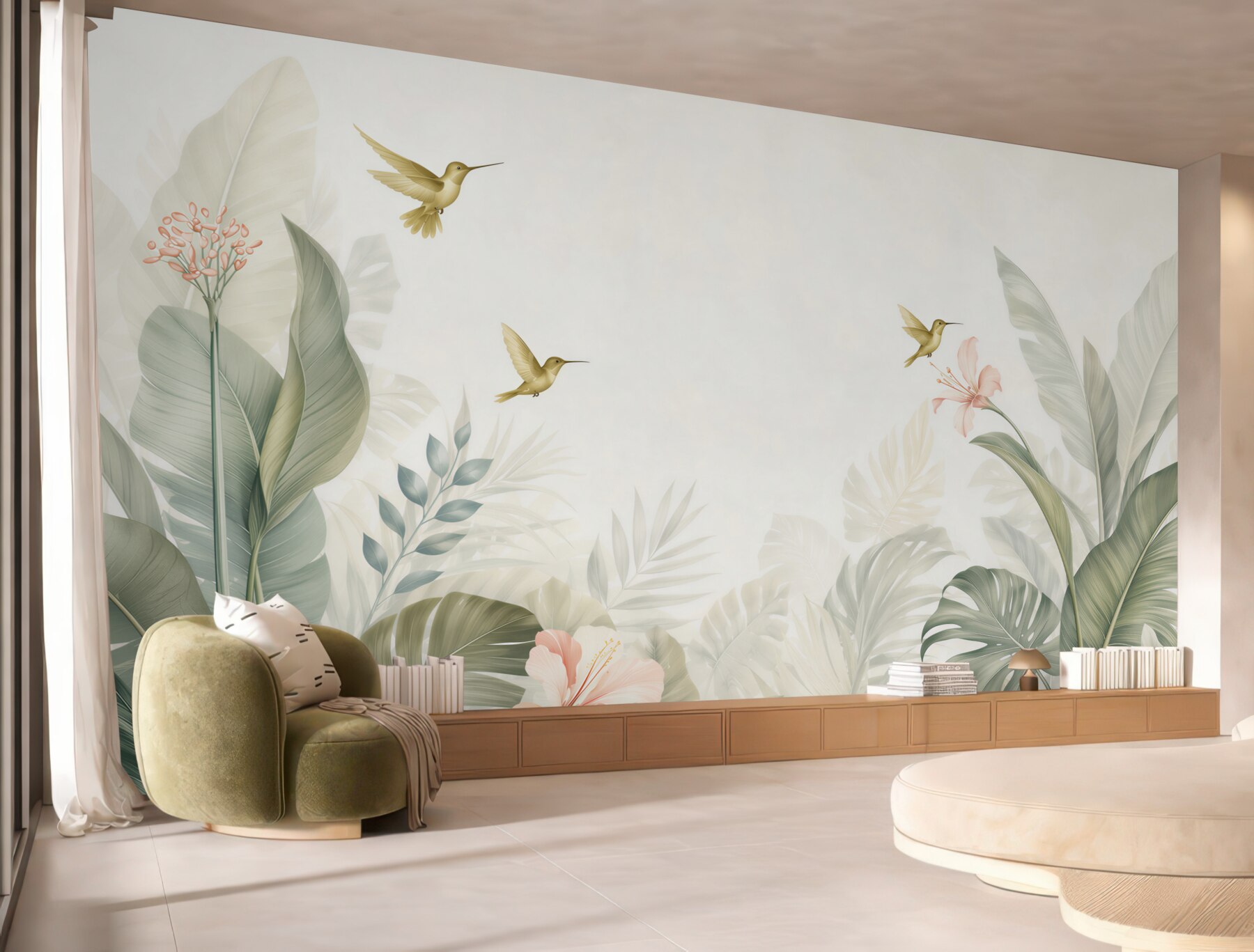Fototapeta tropikalne liście i kolibry pastelowe z hibiskusami?v23