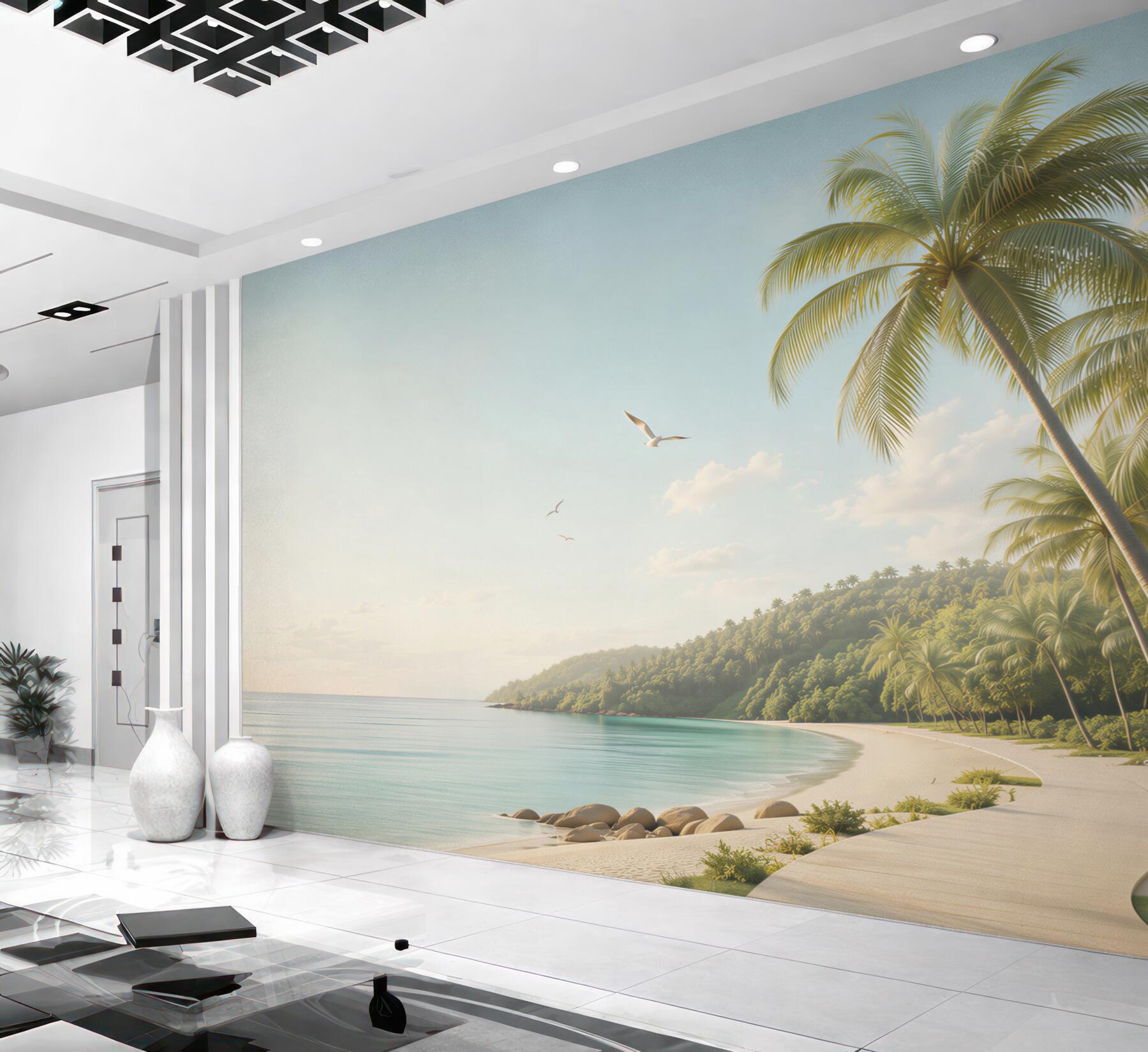 Fototapeta tropikalna plaża z palmami i promenadą o świcie?v23