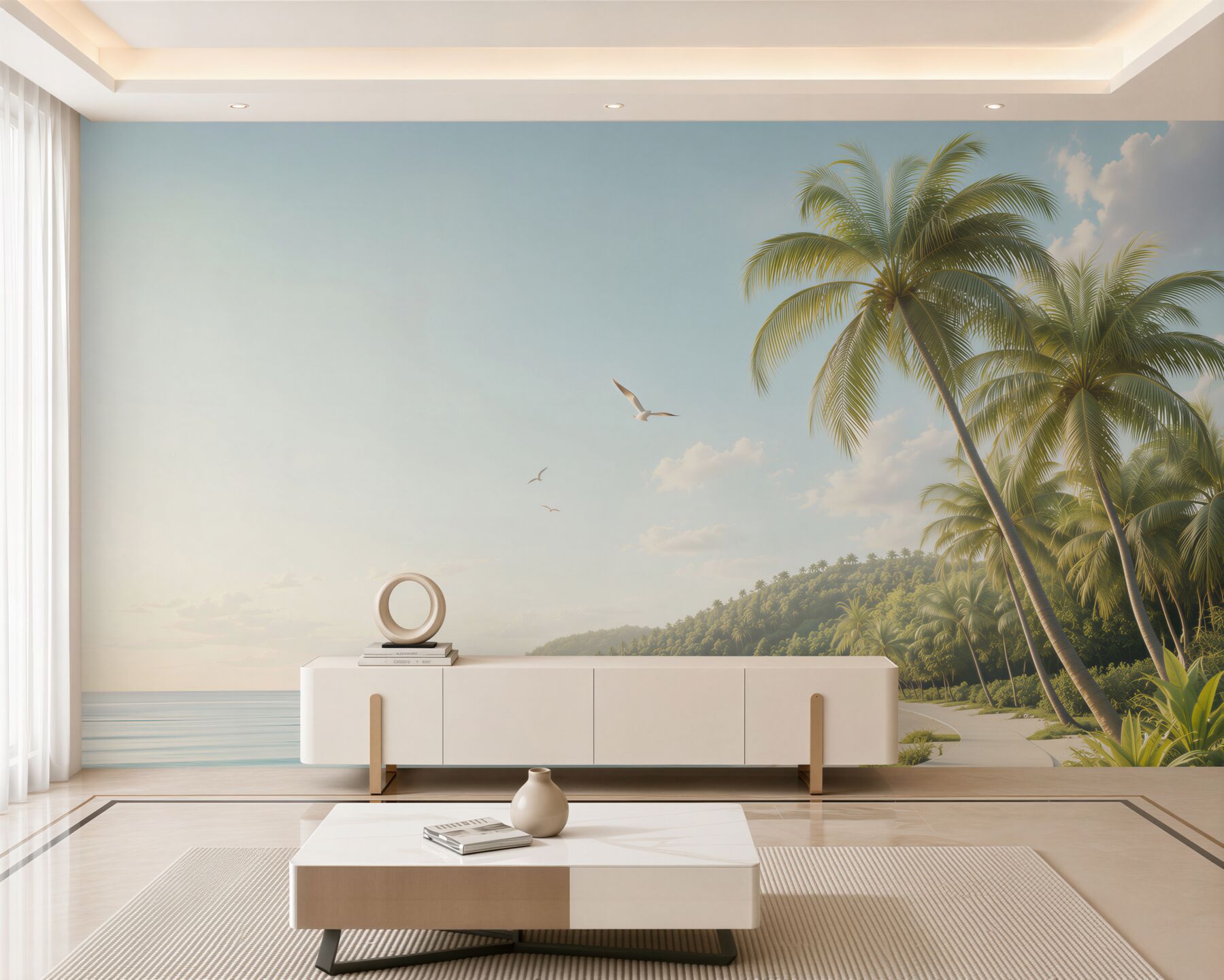 Fototapeta tropikalna plaża z palmami i promenadą o świcie?v23