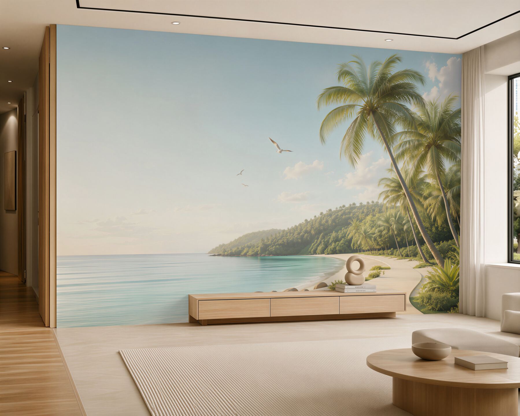 Fototapeta tropikalna plaża z palmami i promenadą o świcie?v23