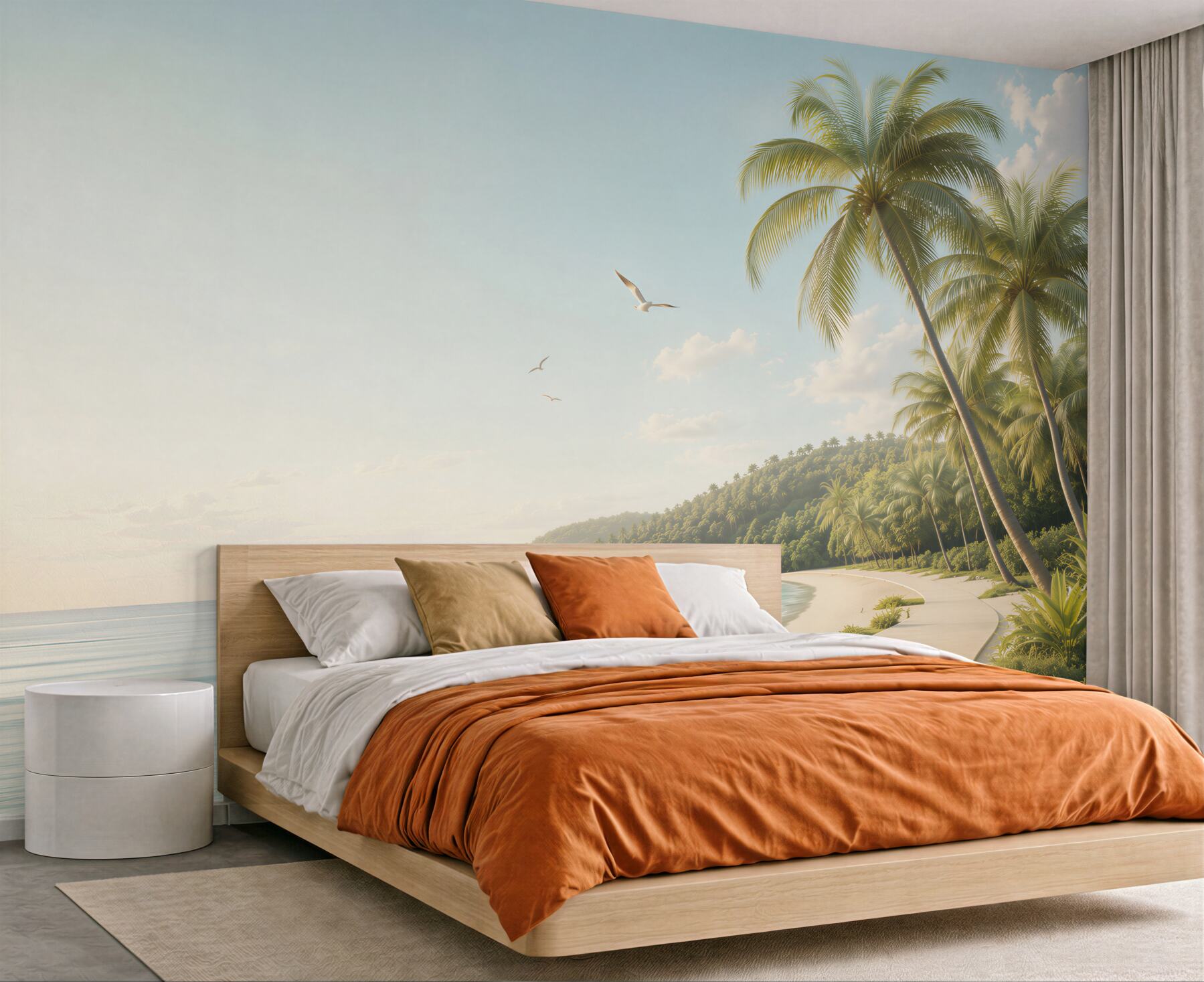 Fototapeta tropikalna plaża z palmami i promenadą o świcie?v23