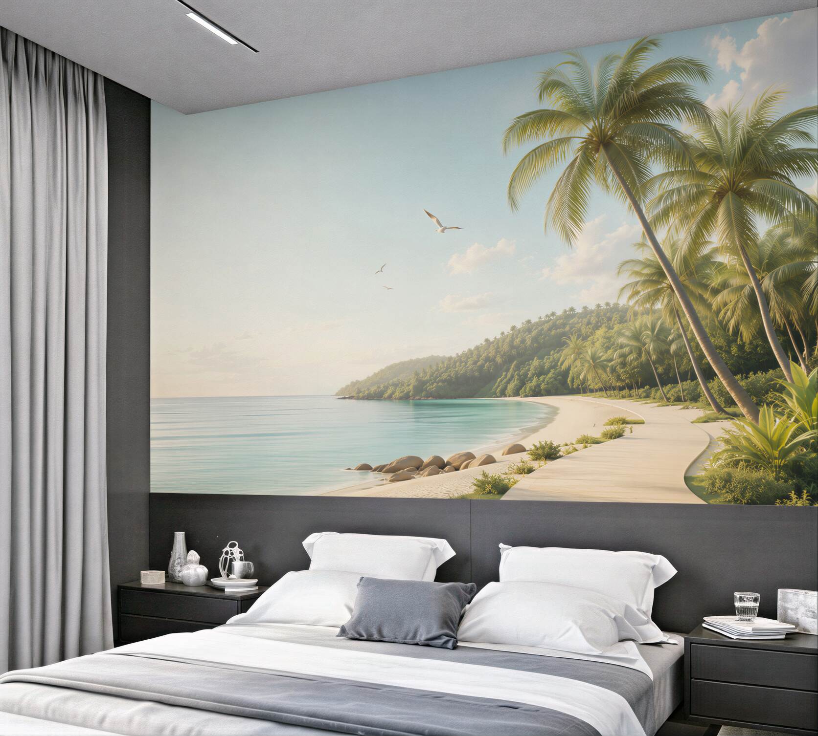 Fototapeta tropikalna plaża z palmami i promenadą o świcie