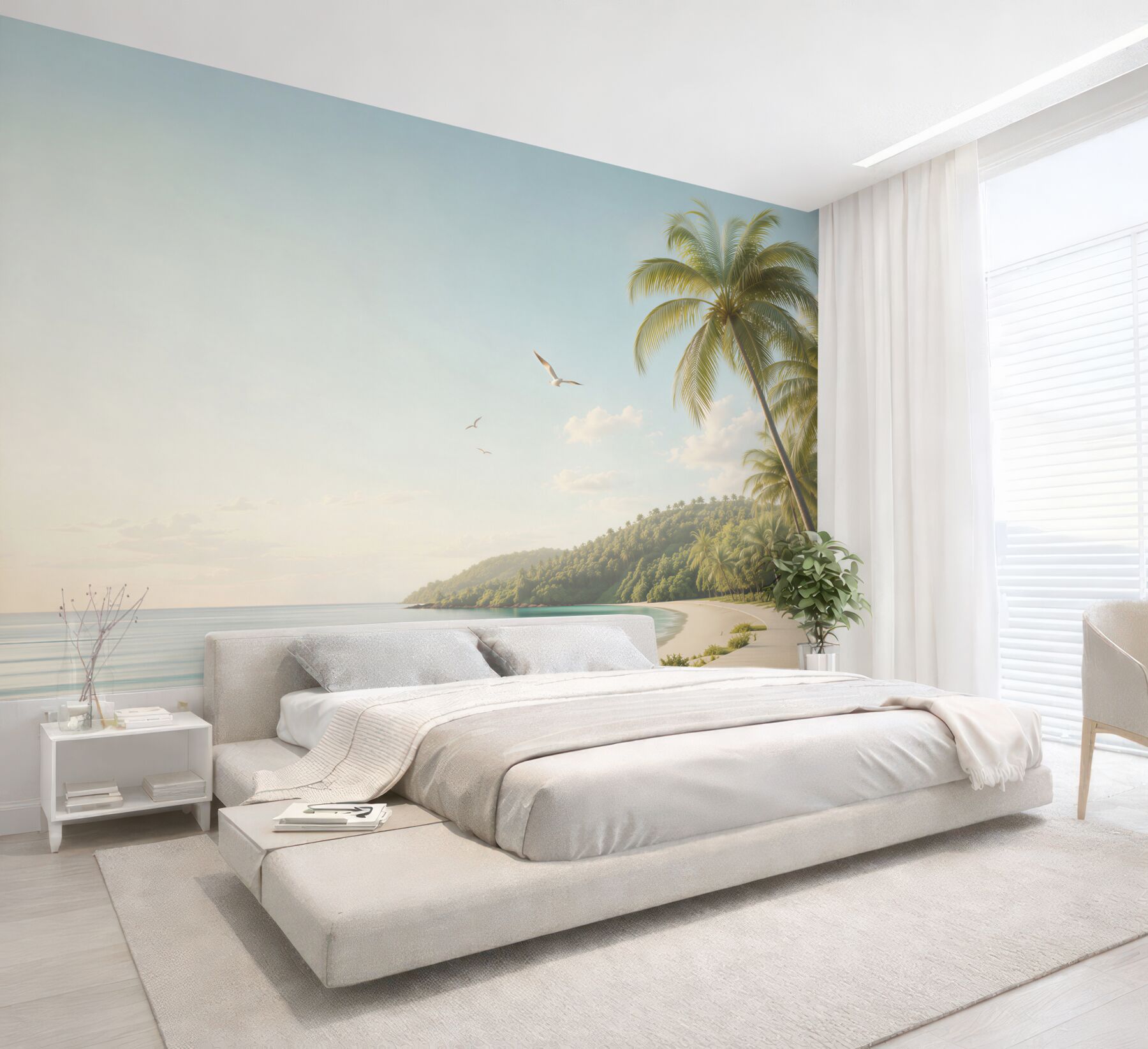 Fototapeta tropikalna plaża z palmami i promenadą o świcie?v23