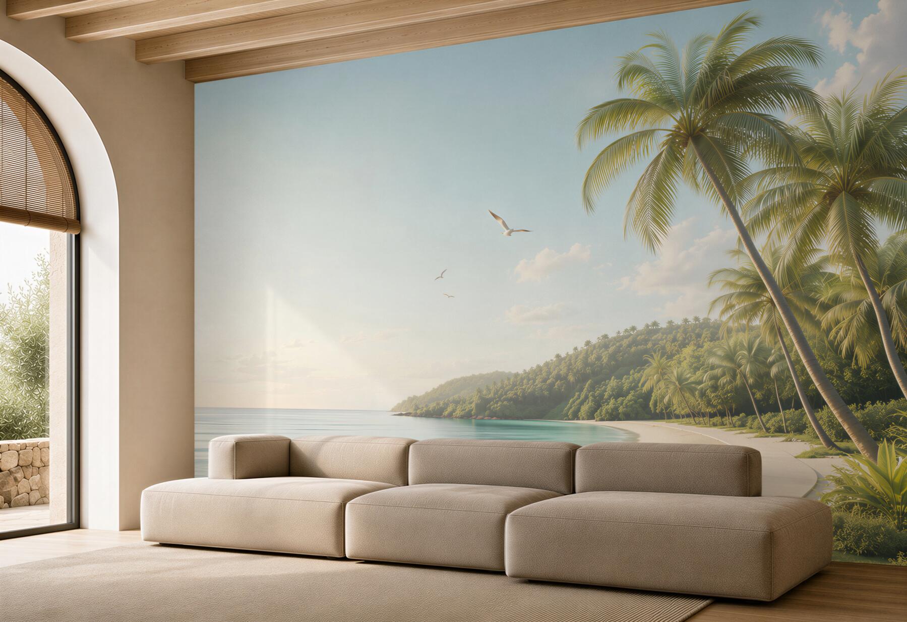 Fototapeta tropikalna plaża z palmami i promenadą o świcie?v23