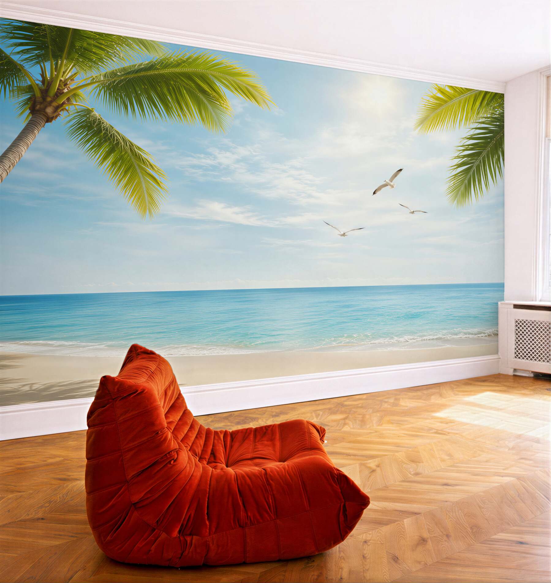 Fototapeta rajska plaża z palmami i mewami nad turkusowym morzem?v23