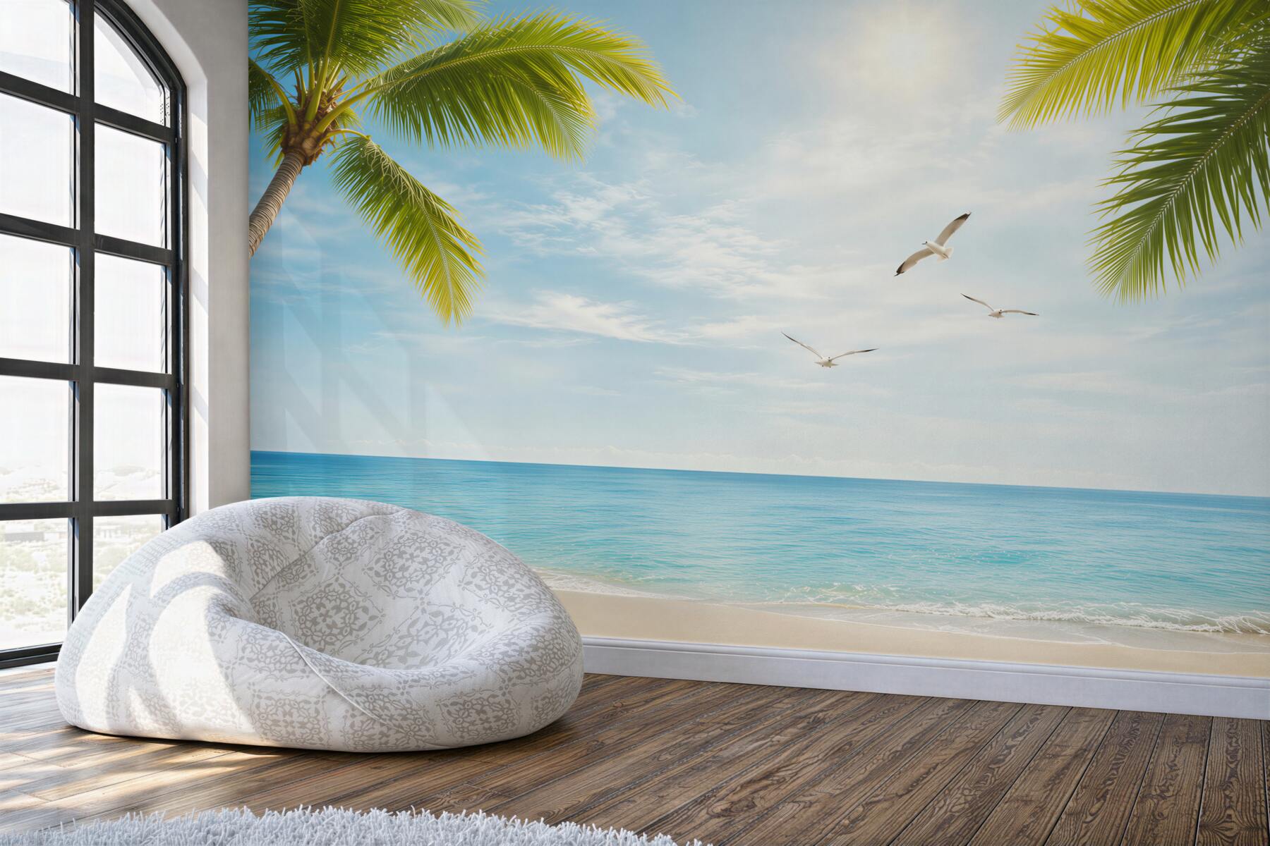 Fototapeta rajska plaża z palmami i mewami nad turkusowym morzem