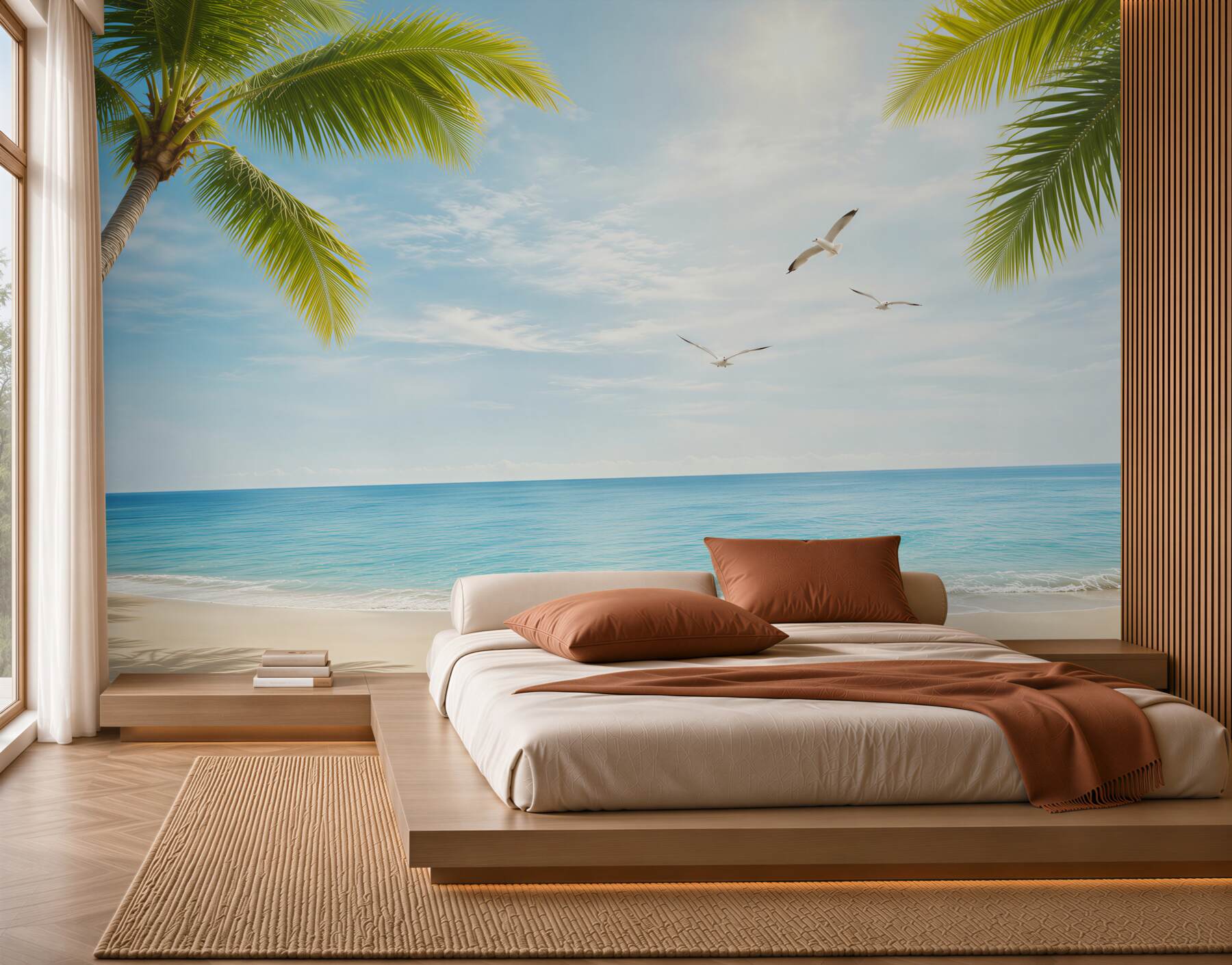 Fototapeta rajska plaża z palmami i mewami nad turkusowym morzem?v23