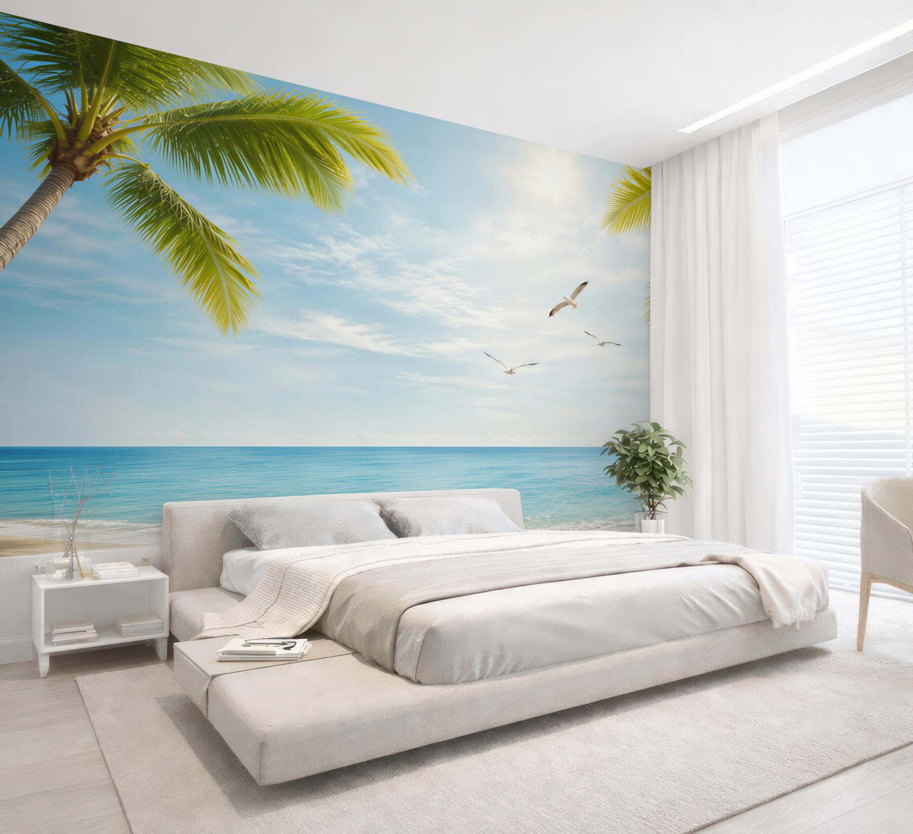 Fototapeta rajska plaża z palmami i mewami nad turkusowym morzem?v23