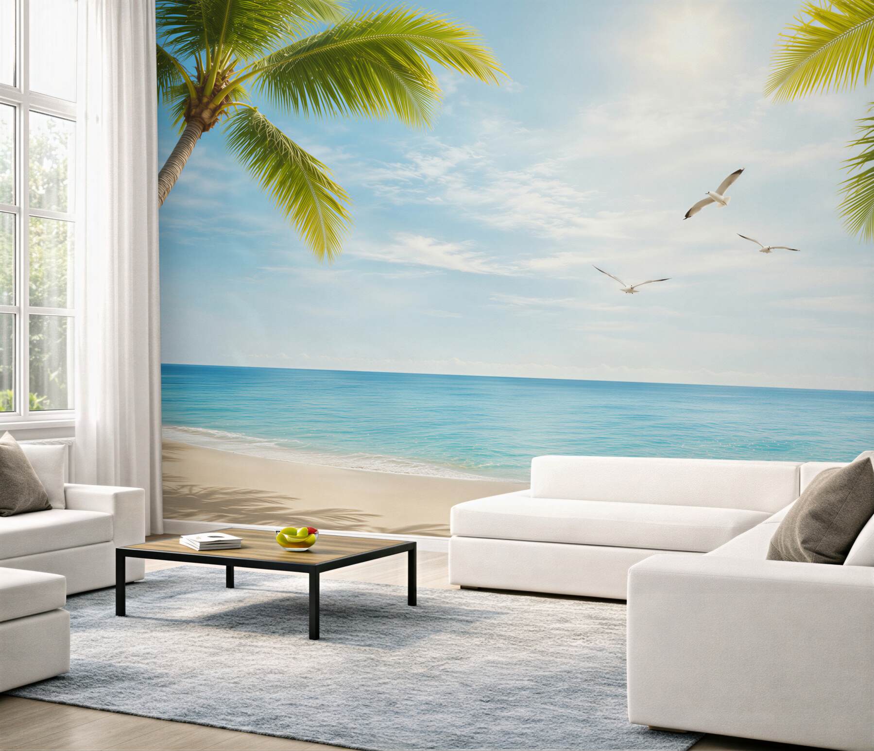 Fototapeta rajska plaża z palmami i mewami nad turkusowym morzem?v23