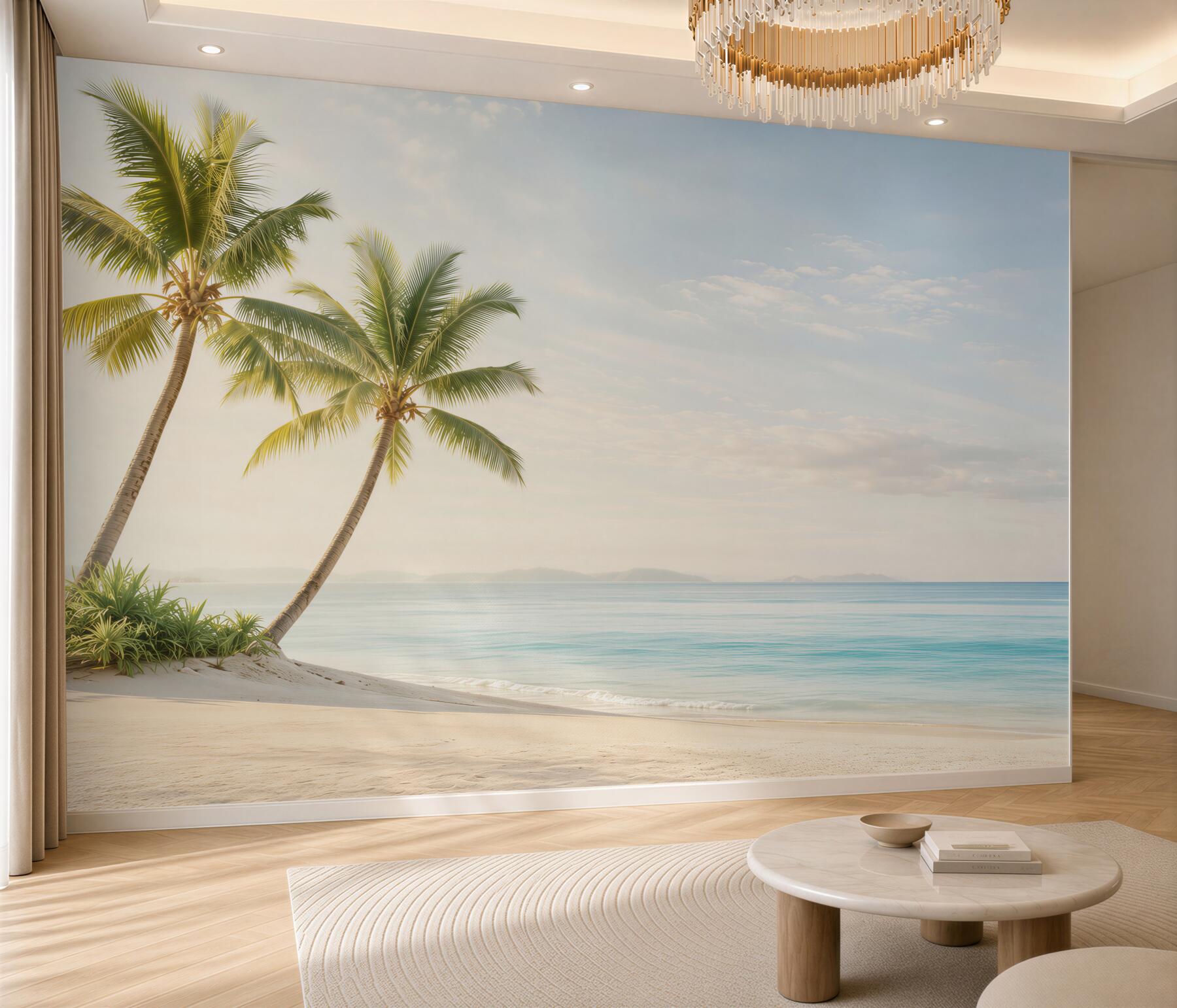 Fototapeta spokojna plaża z palmami i błękitnym morzem o poranku?v23