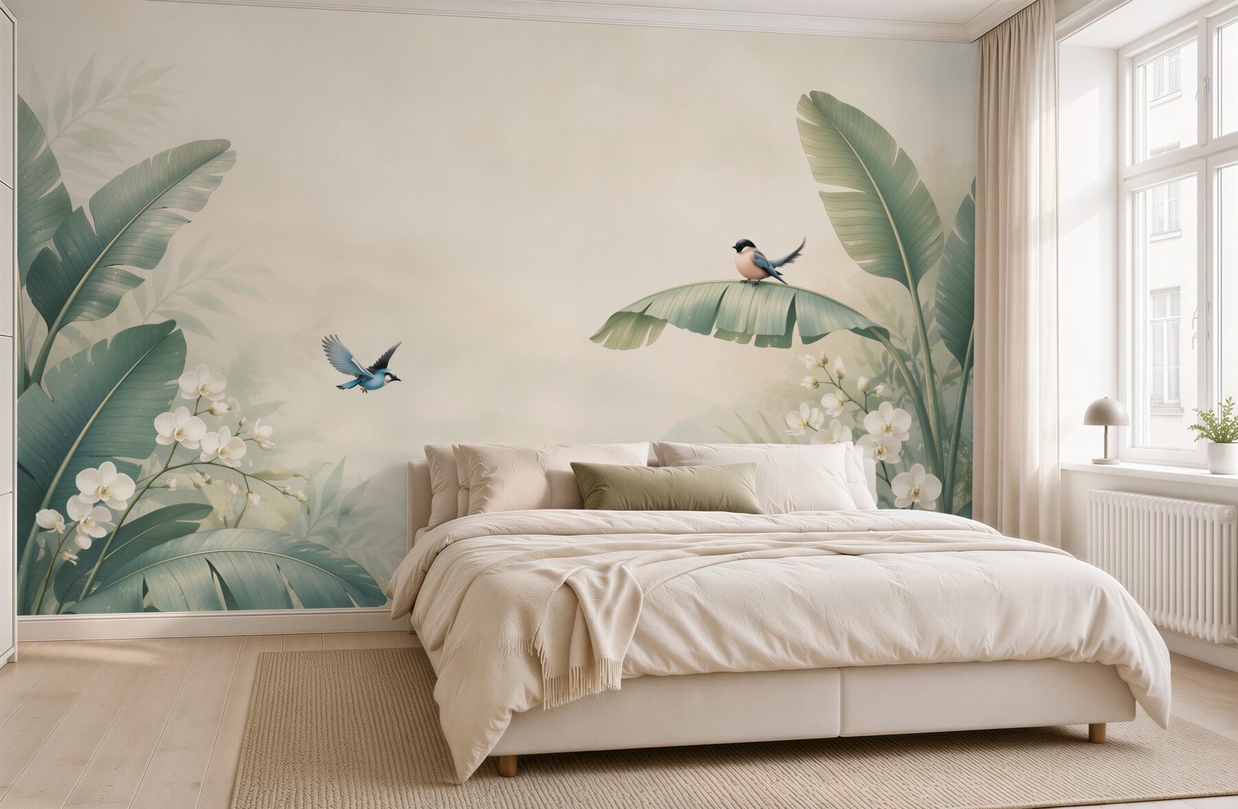 Fototapeta tropikalne liście z ptakami i białymi orchideami pastelowa?v23