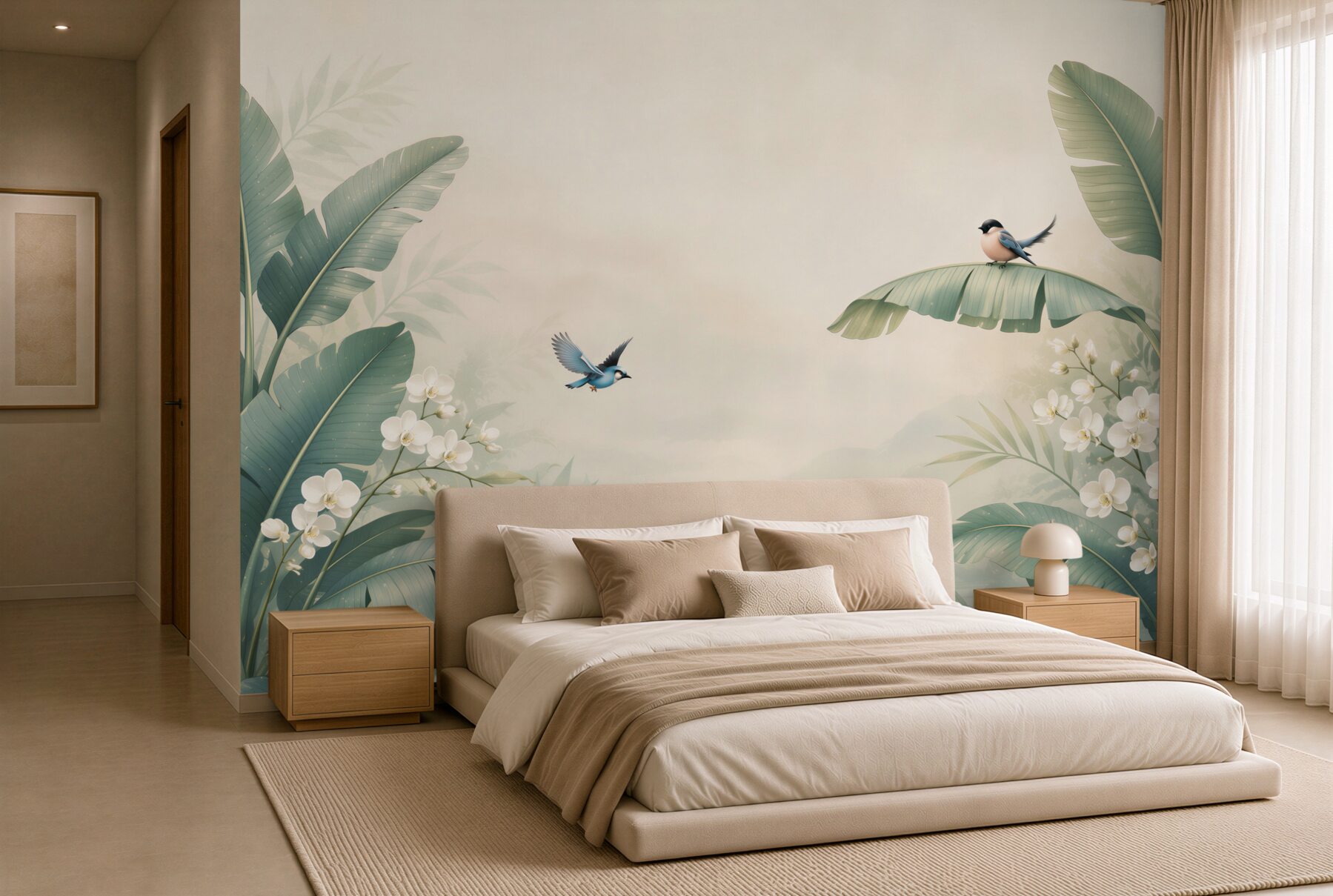 Fototapeta tropikalne liście z ptakami i białymi orchideami pastelowa?v23
