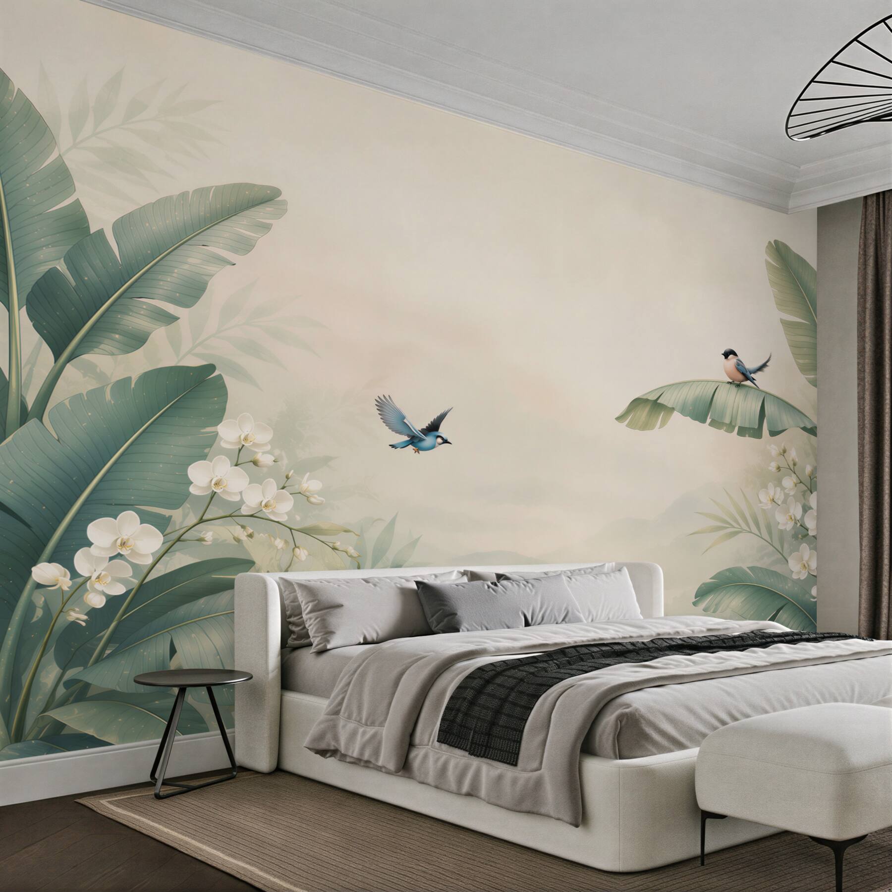 Fototapeta tropikalne liście z ptakami i białymi orchideami pastelowa?v23