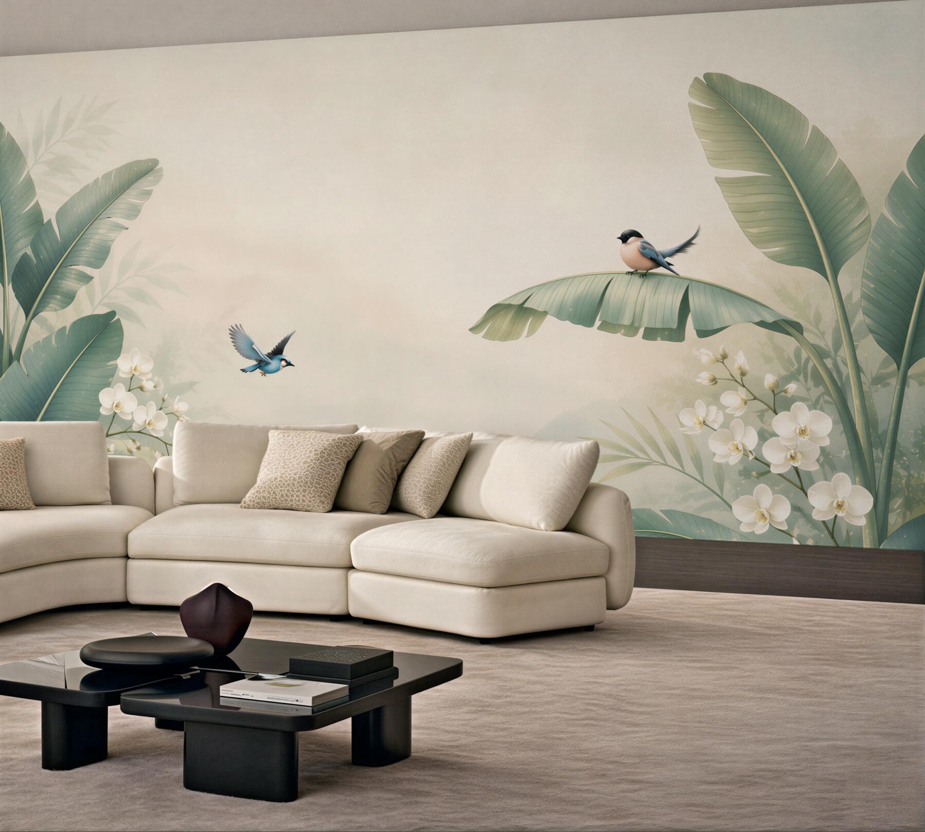 Fototapeta tropikalne liście z ptakami i białymi orchideami pastelowa?v23