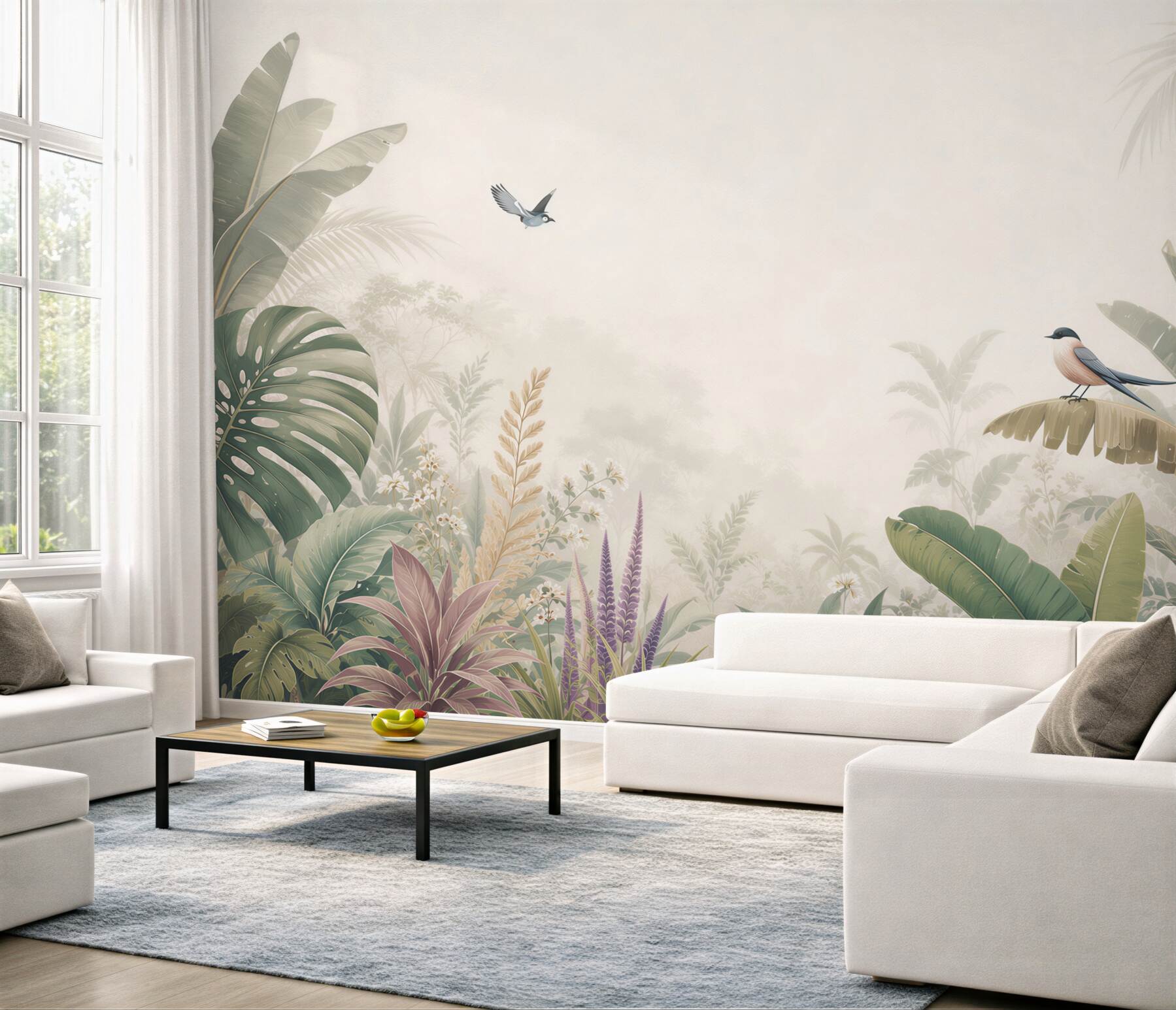 Fototapeta egzotyczna dżungla z ptakami i tropikalnymi liśćmi pastelowa?v23