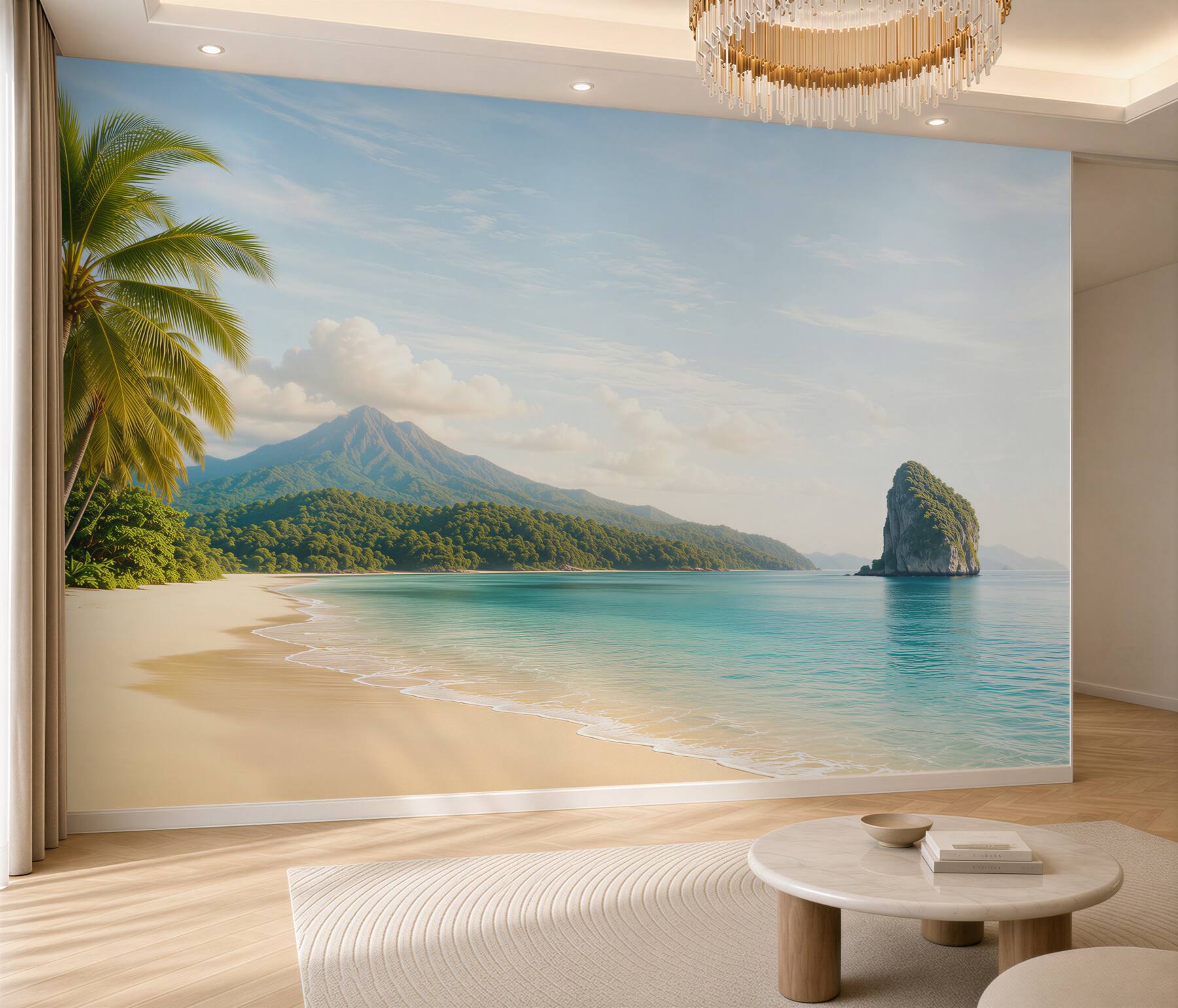 Fototapeta rajska plaża z palmą turkusowym morzem i górą w tle?v23