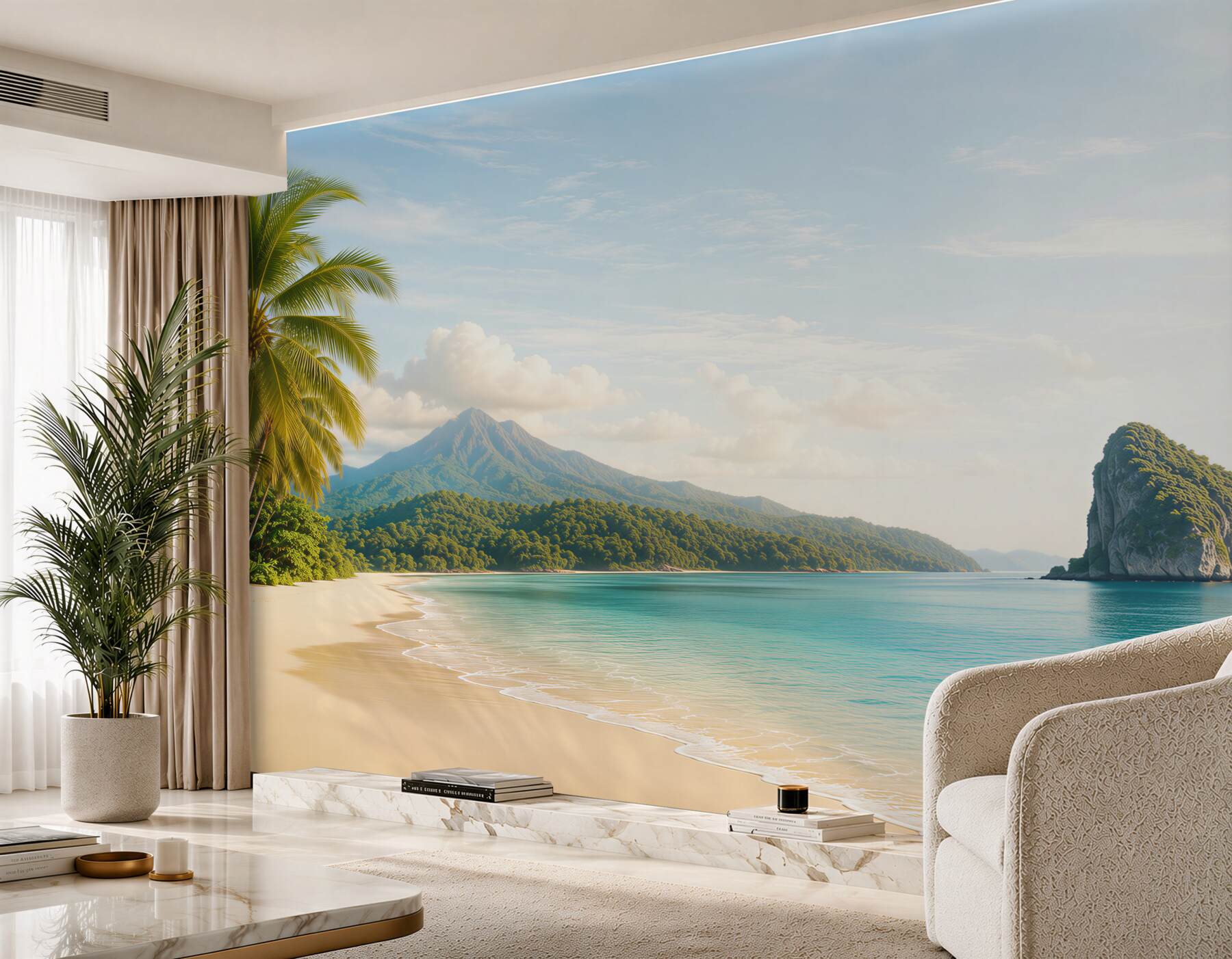 Fototapeta rajska plaża z palmą turkusowym morzem i górą w tle?v23