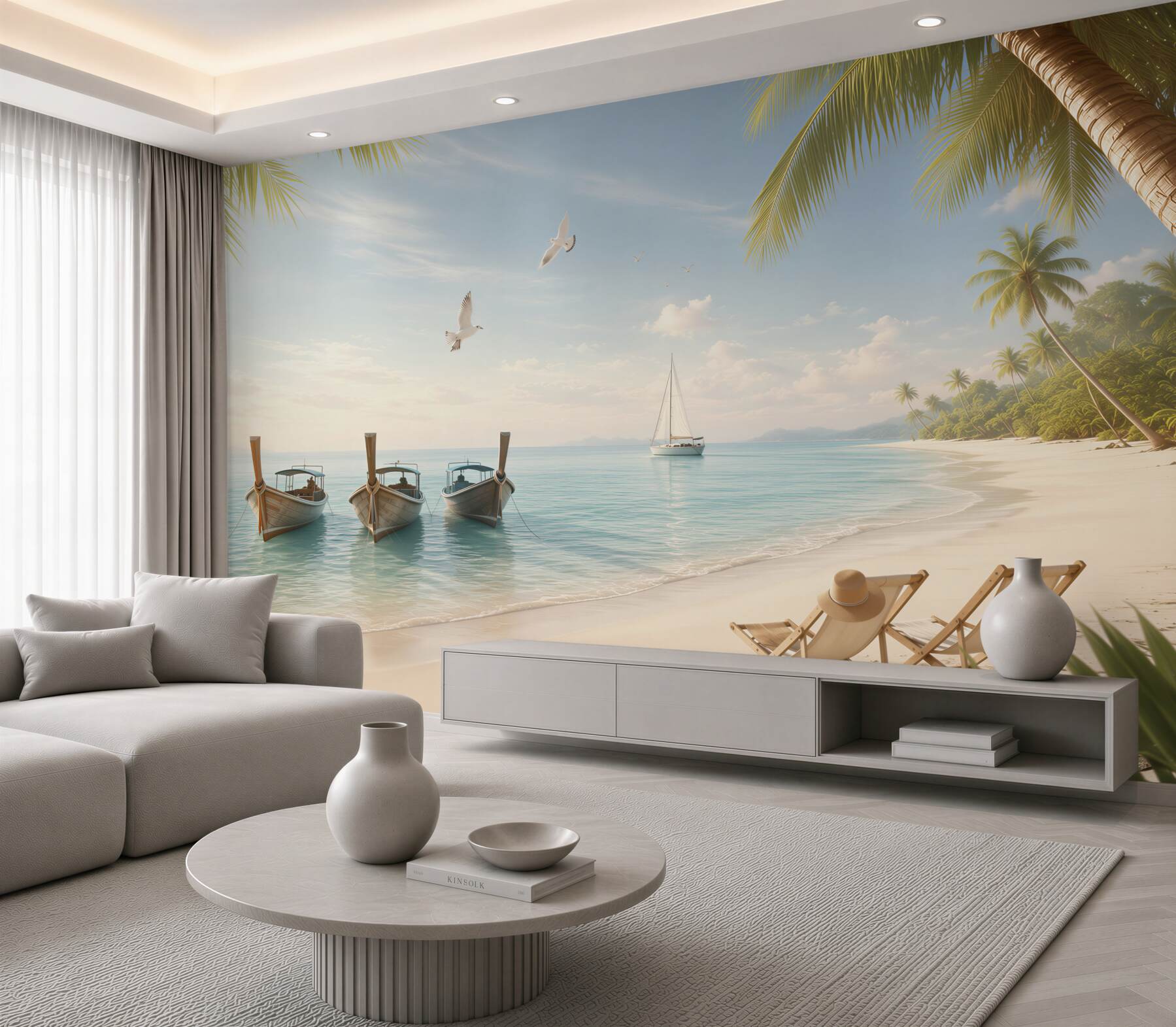 Fototapeta tropikalna plaża z łodziami i leżakami o poranku?v23
