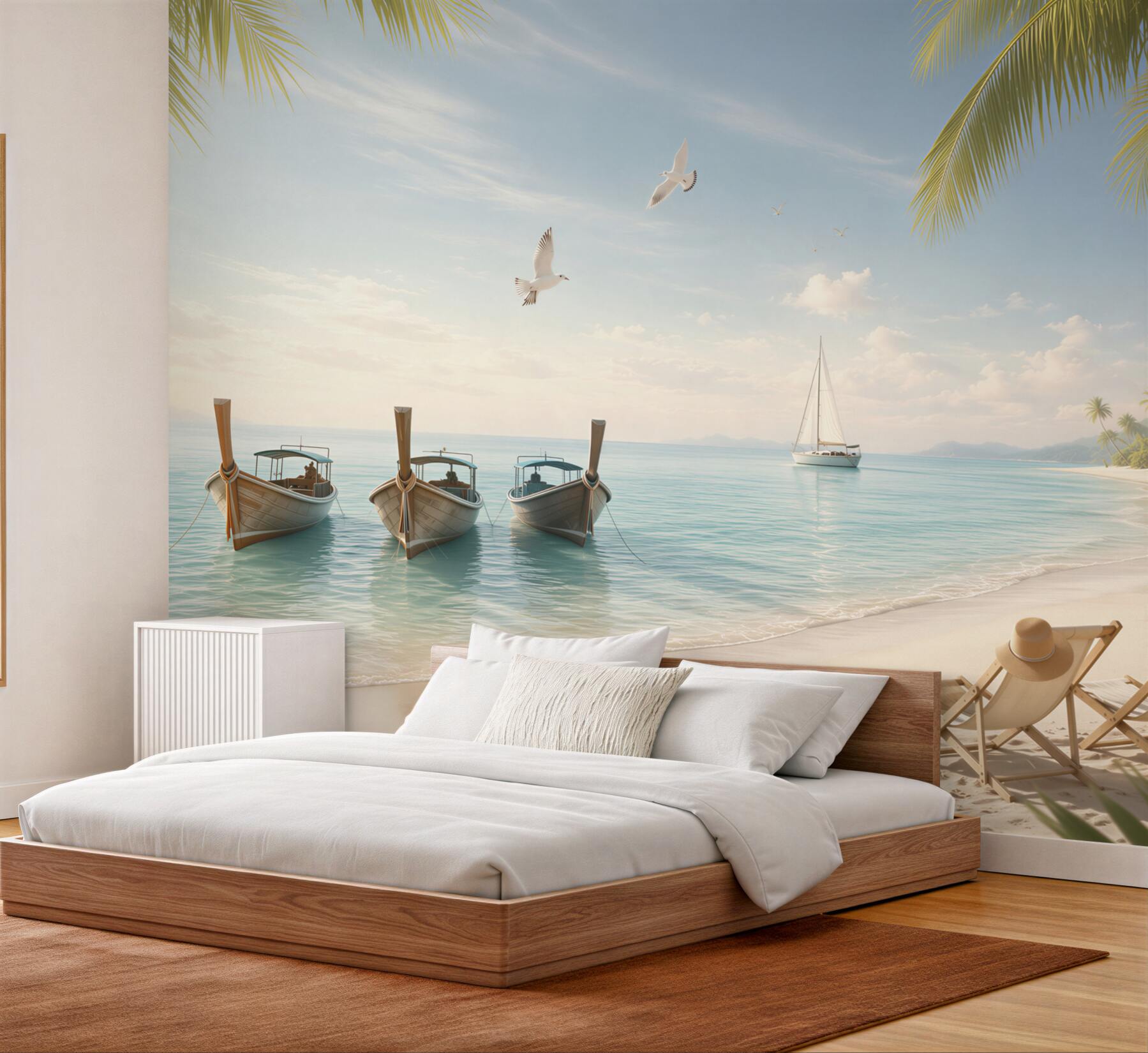 Fototapeta tropikalna plaża z łodziami i leżakami o poranku?v23