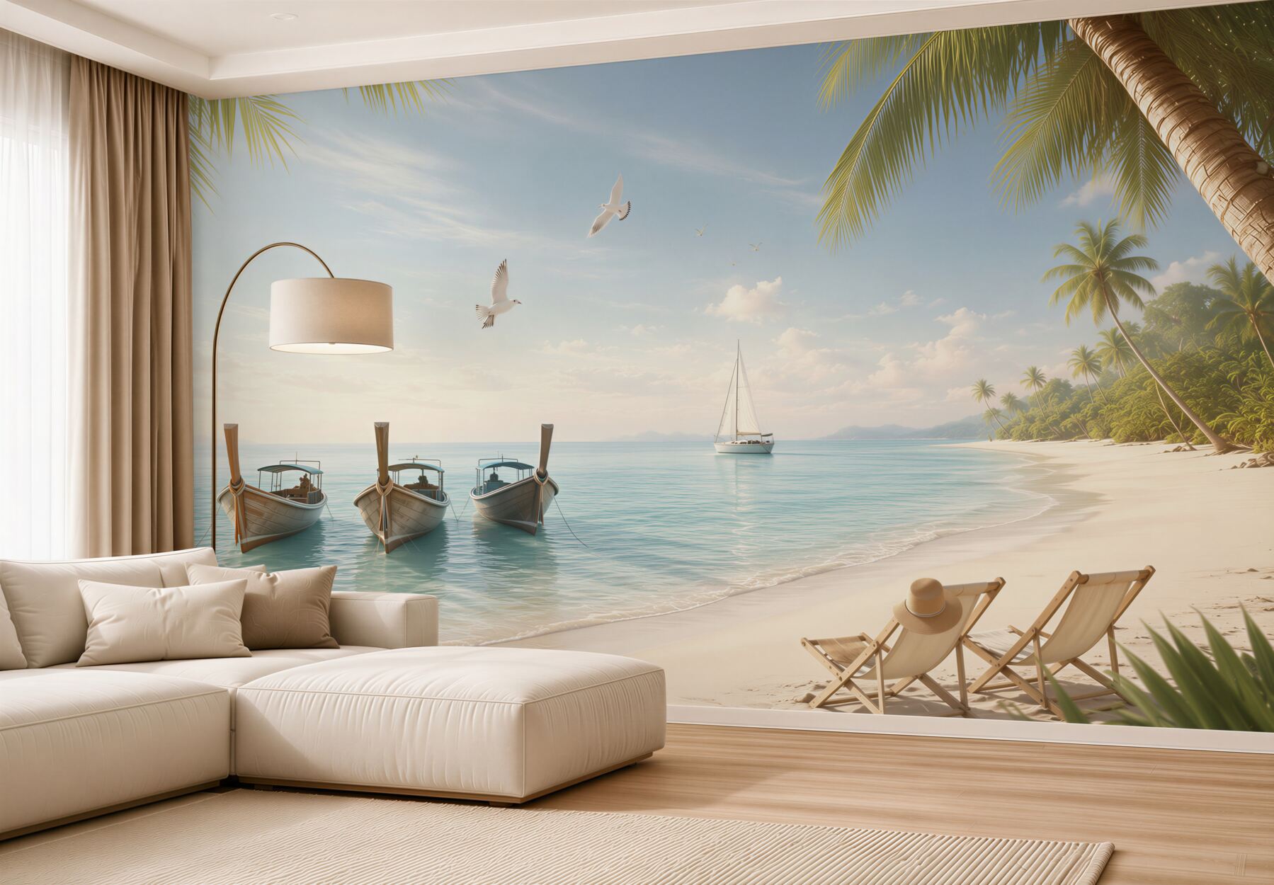 Fototapeta tropikalna plaża z łodziami i leżakami o poranku?v23