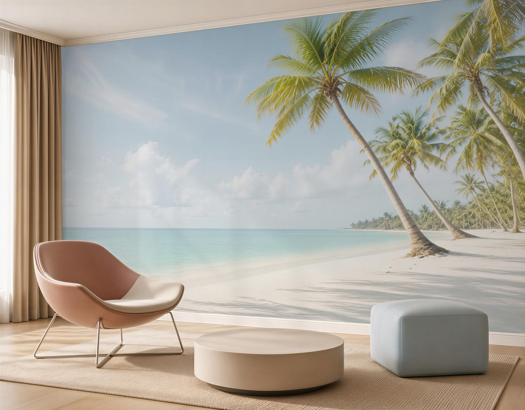 Fototapeta biała plaża z palmami i turkusowym morzem w słonecznym klimacie?v23