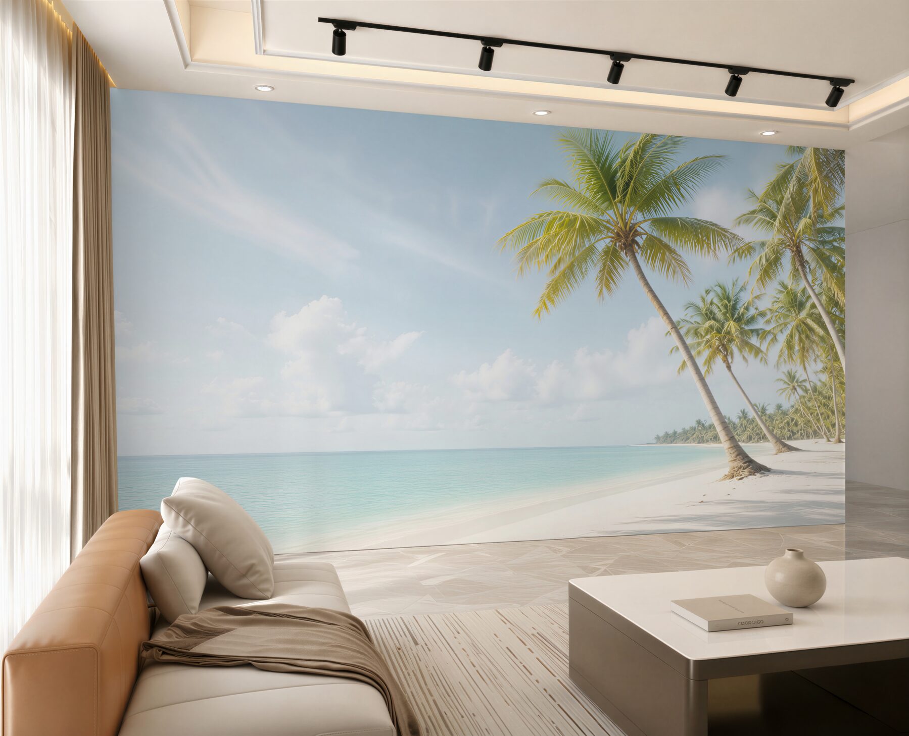 Fototapeta biała plaża z palmami i turkusowym morzem w słonecznym klimacie?v23