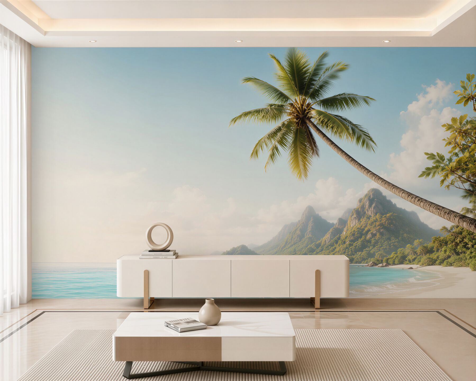 Fototapeta tropikalna plaża z palmą i górami nad błękitnym oceanem?v23