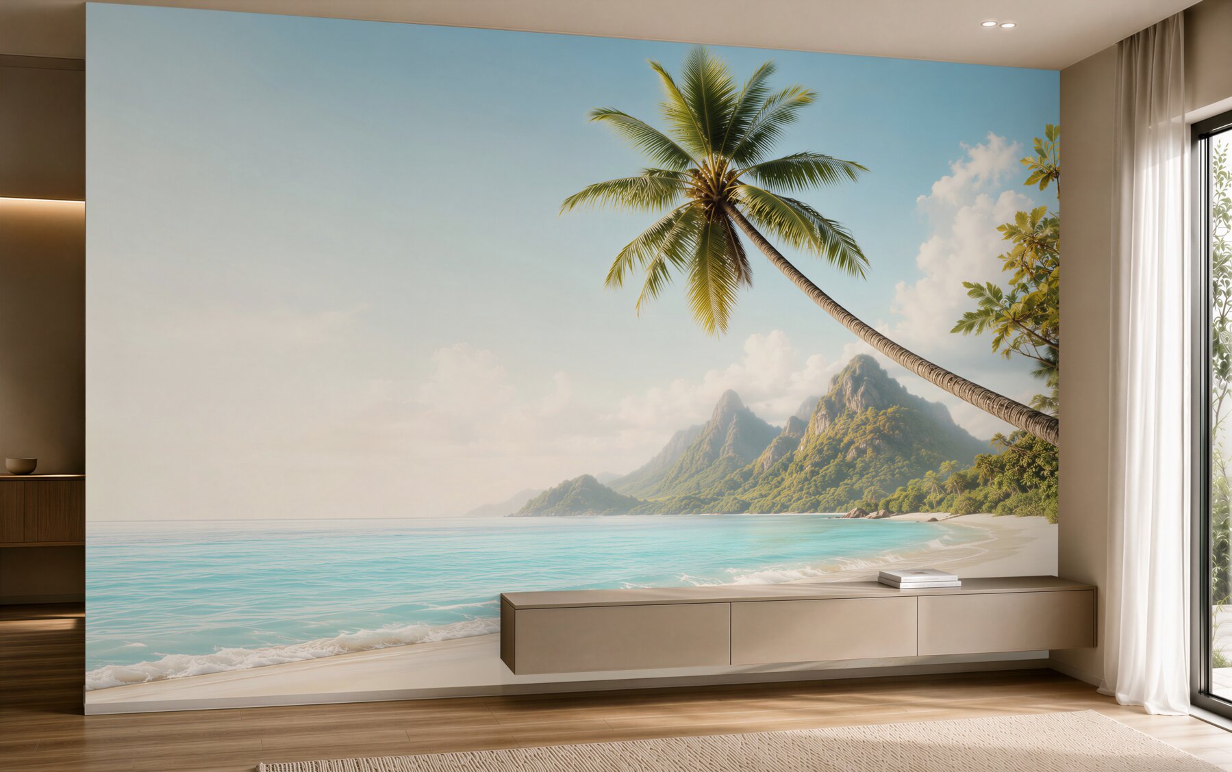 Fototapeta tropikalna plaża z palmą i górami nad błękitnym oceanem?v23