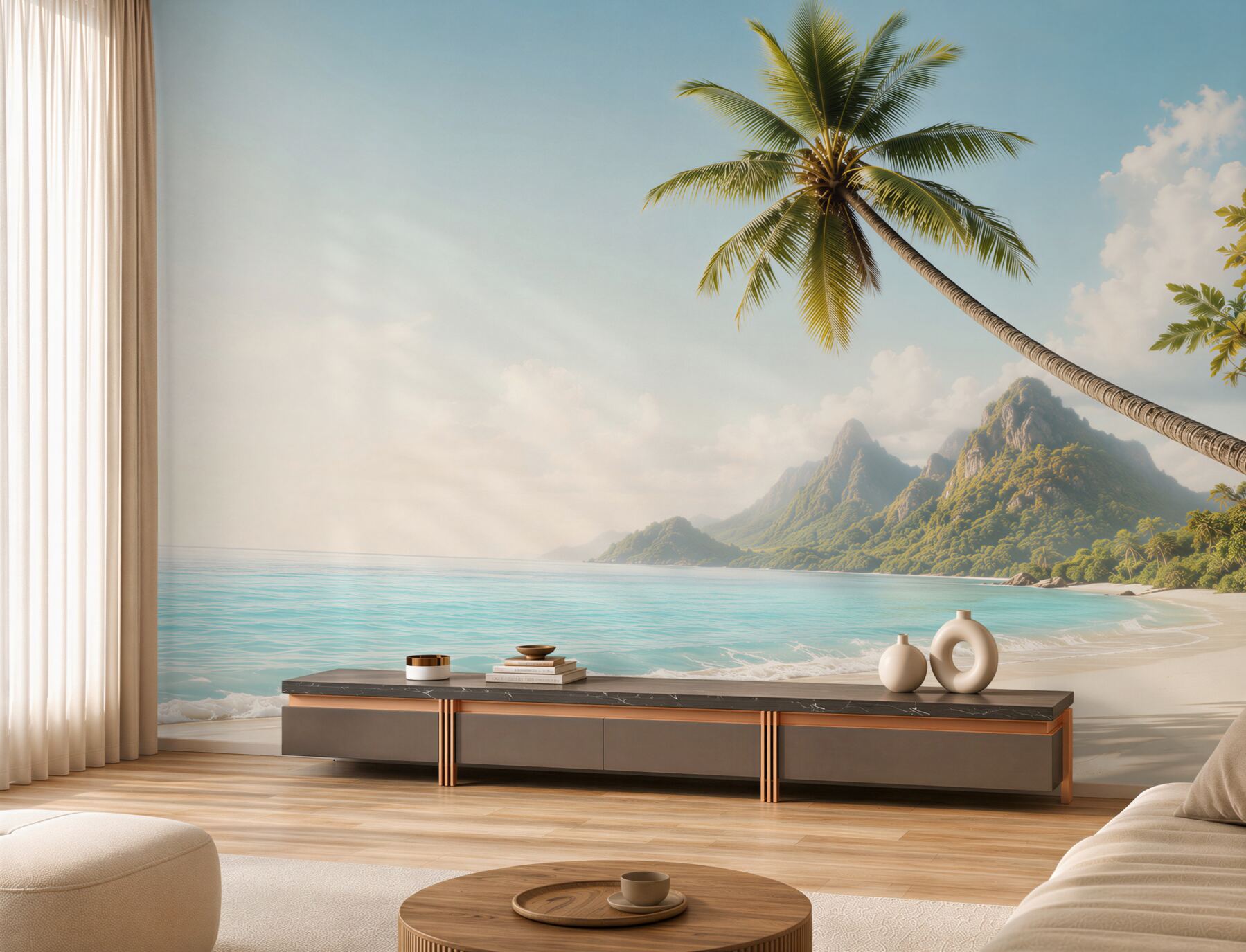Fototapeta tropikalna plaża z palmą i górami nad błękitnym oceanem?v23